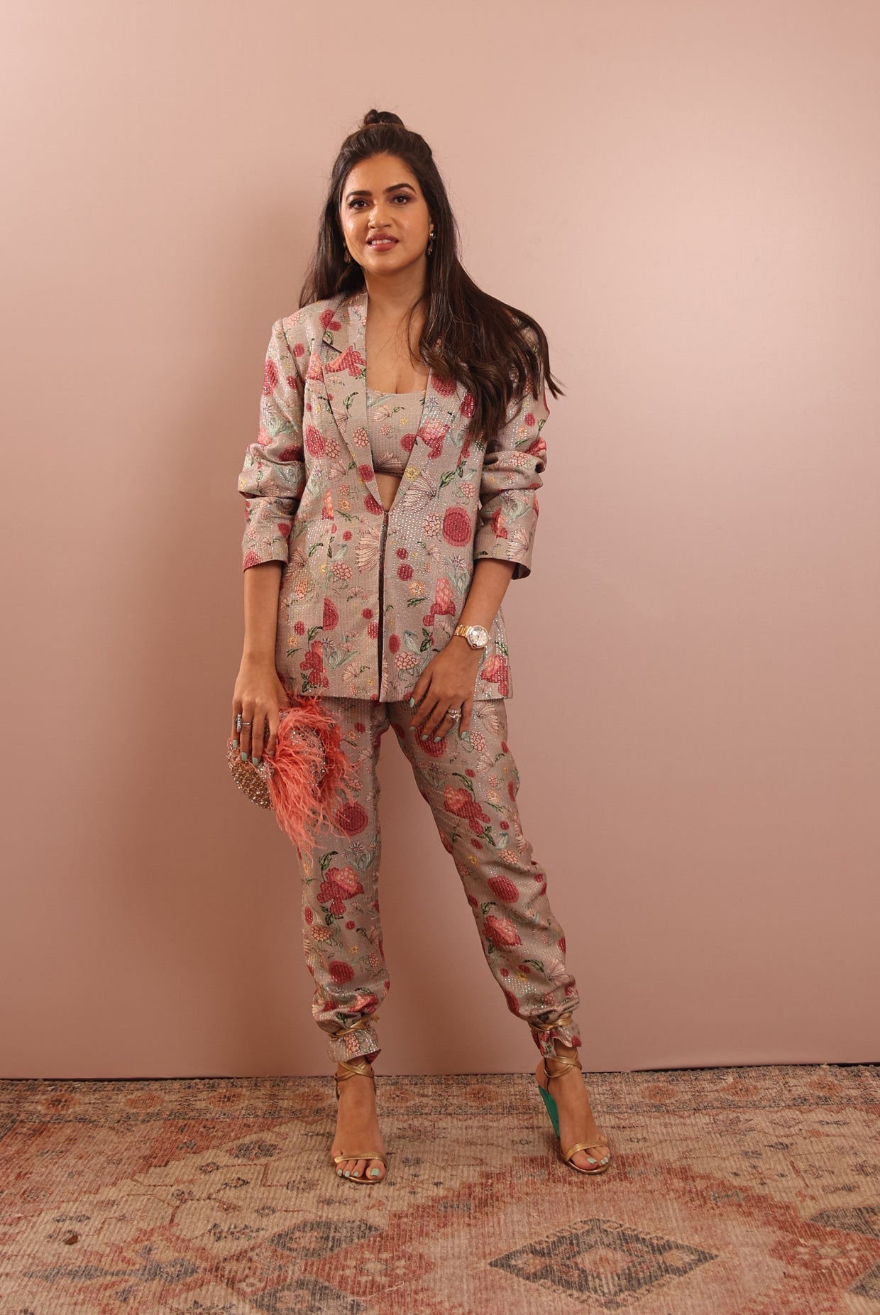 Grey gulbagh print blazer with bustier and pant