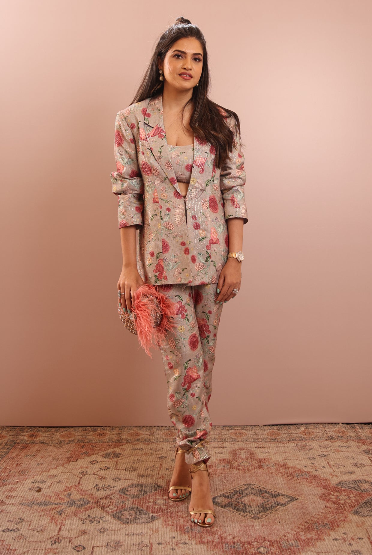 Grey gulbagh print blazer with bustier and pant