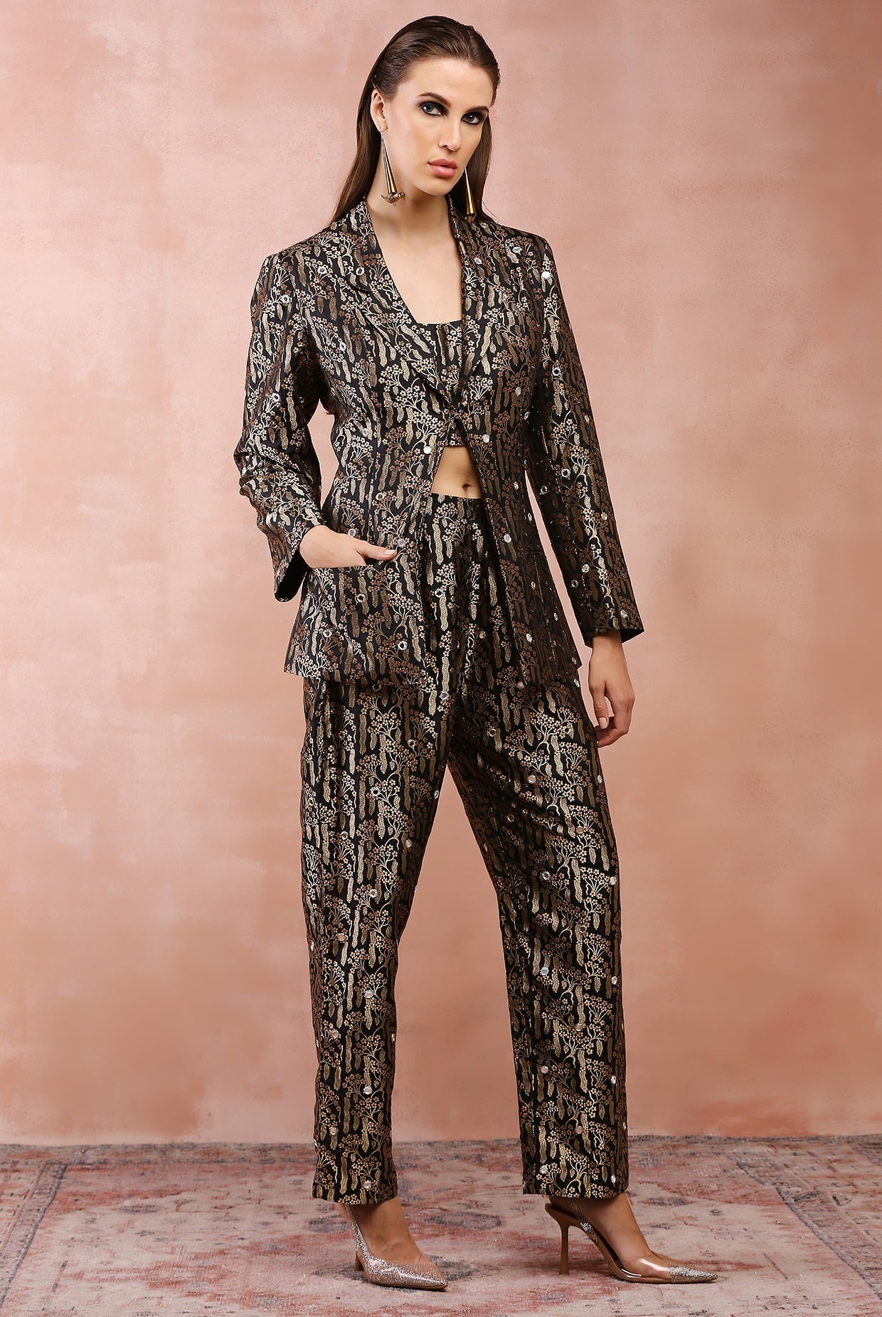 Black embroidered blazer with bustier and pant