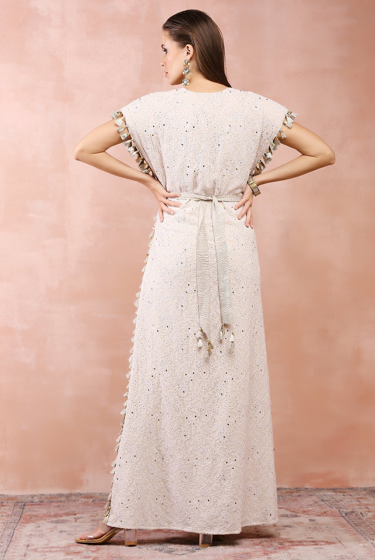 Cream jacket with silver tissue bustier and pant.