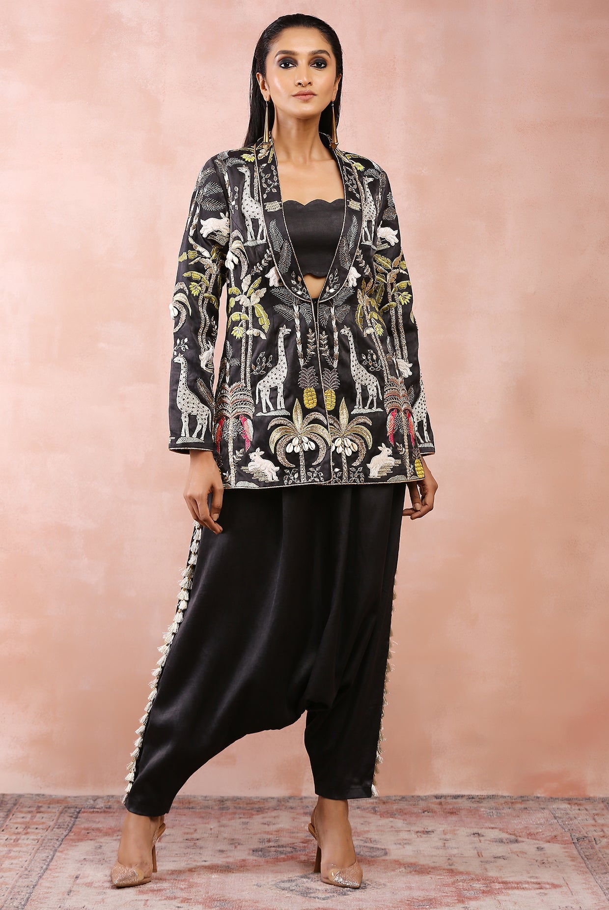 Black safari embroidered jacket with bustier and pant