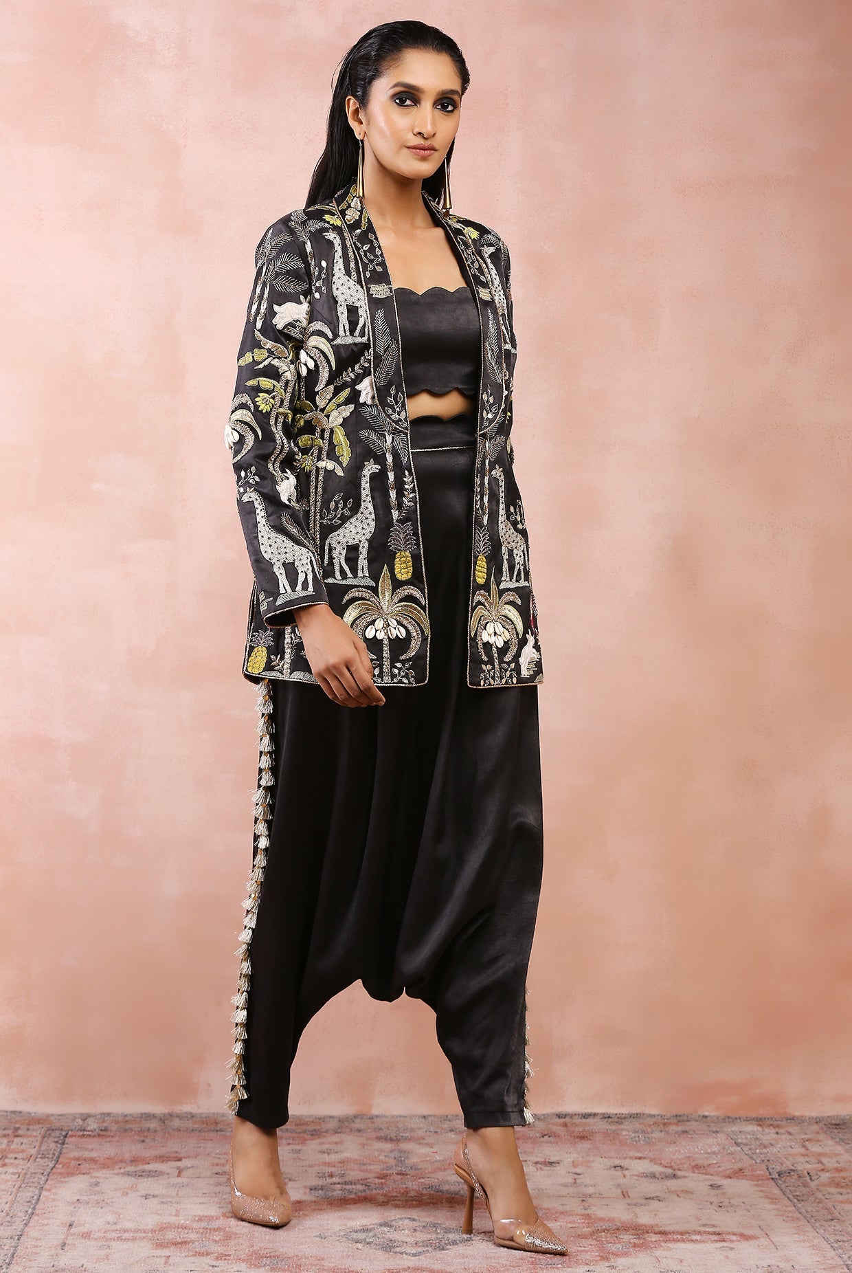 Black safari embroidered jacket with bustier and pant