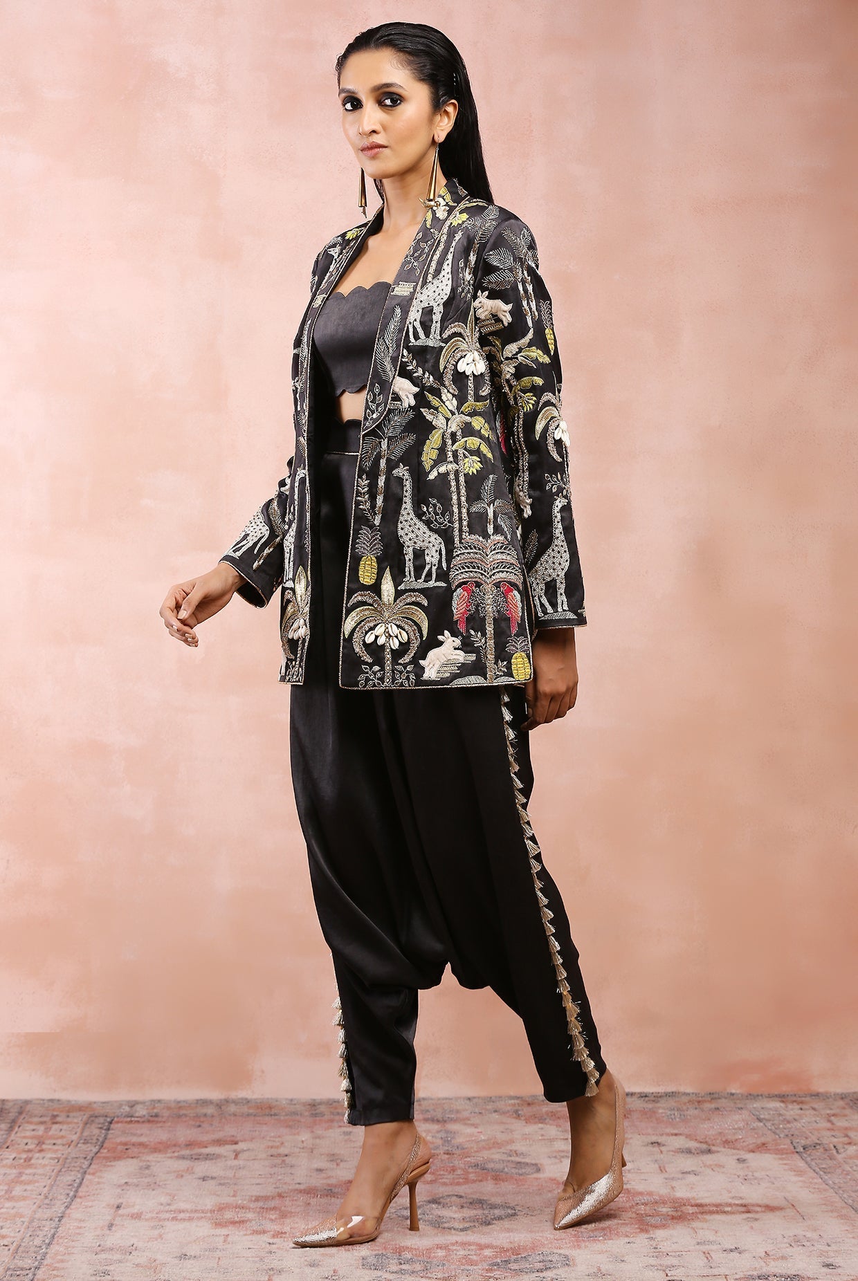 Black safari embroidered jacket with bustier and pant