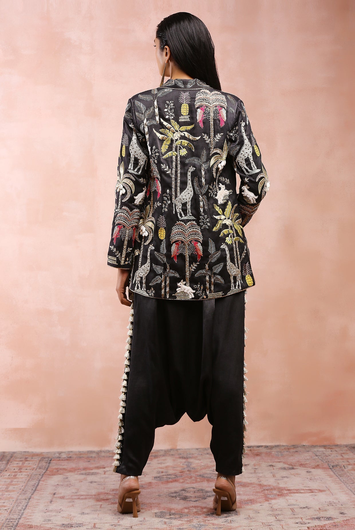 Black safari embroidered jacket with bustier and pant