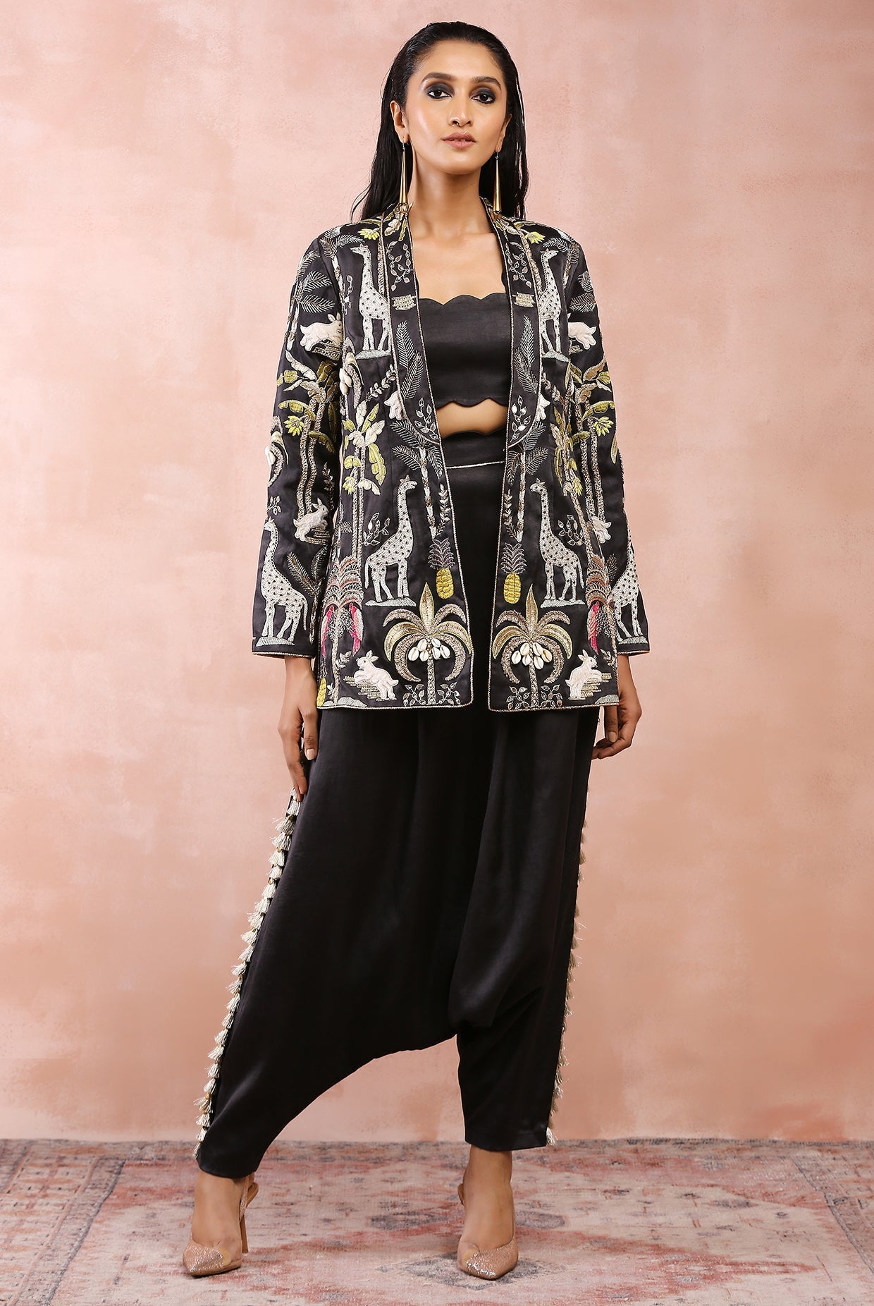 Black safari embroidered jacket with bustier and pant
