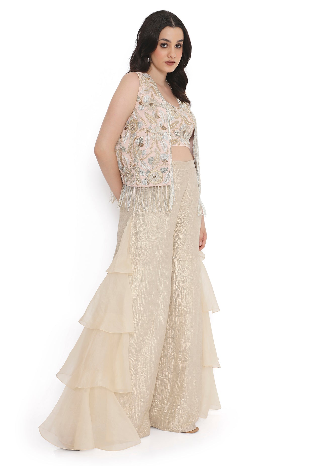 Rose Pink Embroidered Jacket With Embroidered Bustier And Side Ruffled Pant