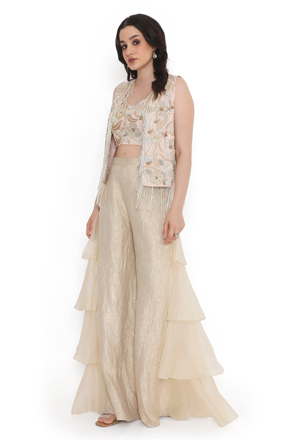 Rose Pink Embroidered Jacket With Embroidered Bustier And Side Ruffled Pant