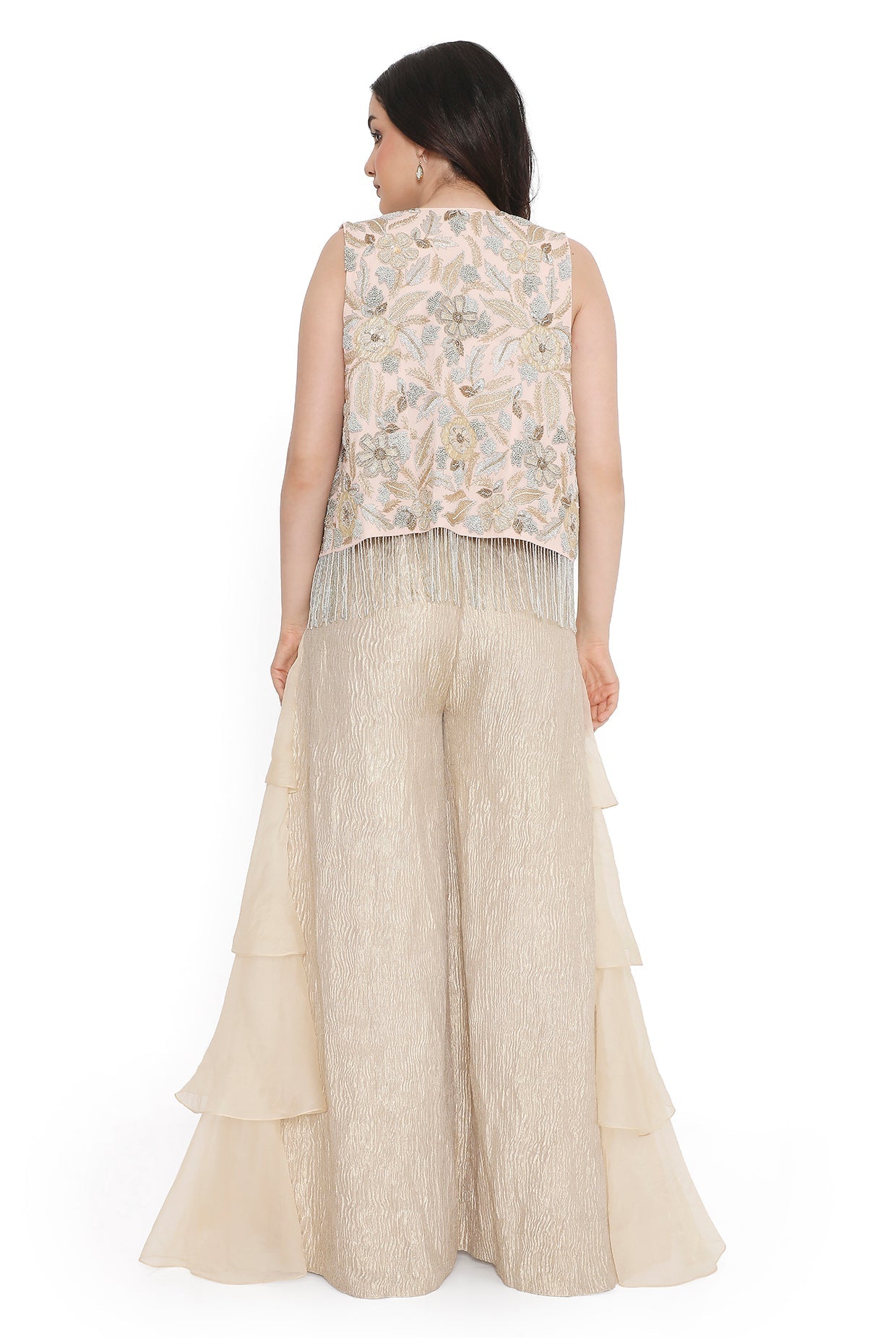 Rose Pink Embroidered Jacket With Embroidered Bustier And Side Ruffled Pant