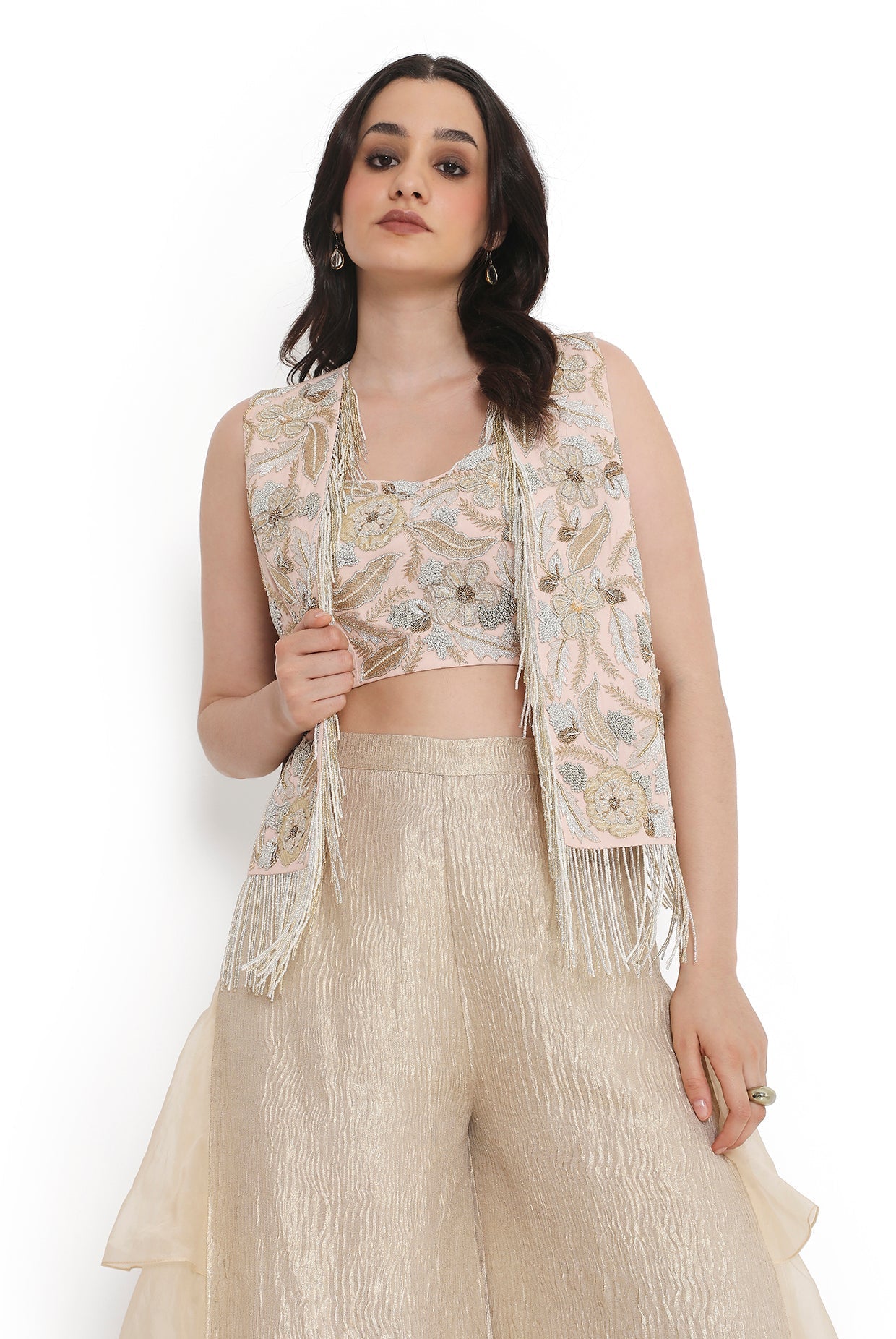 Rose Pink Embroidered Jacket With Embroidered Bustier And Side Ruffled Pant