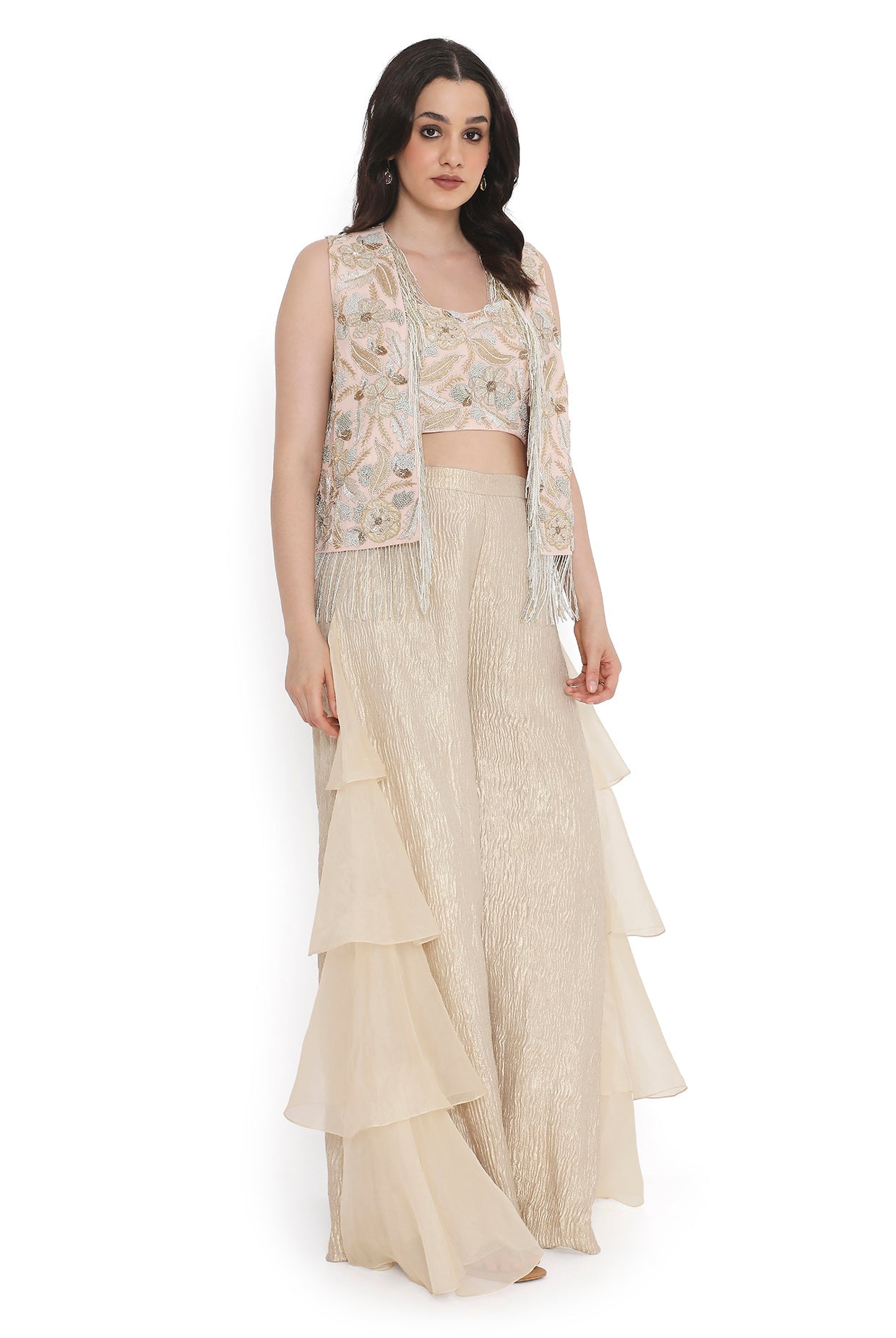 Rose Pink Embroidered Jacket With Embroidered Bustier And Side Ruffled Pant