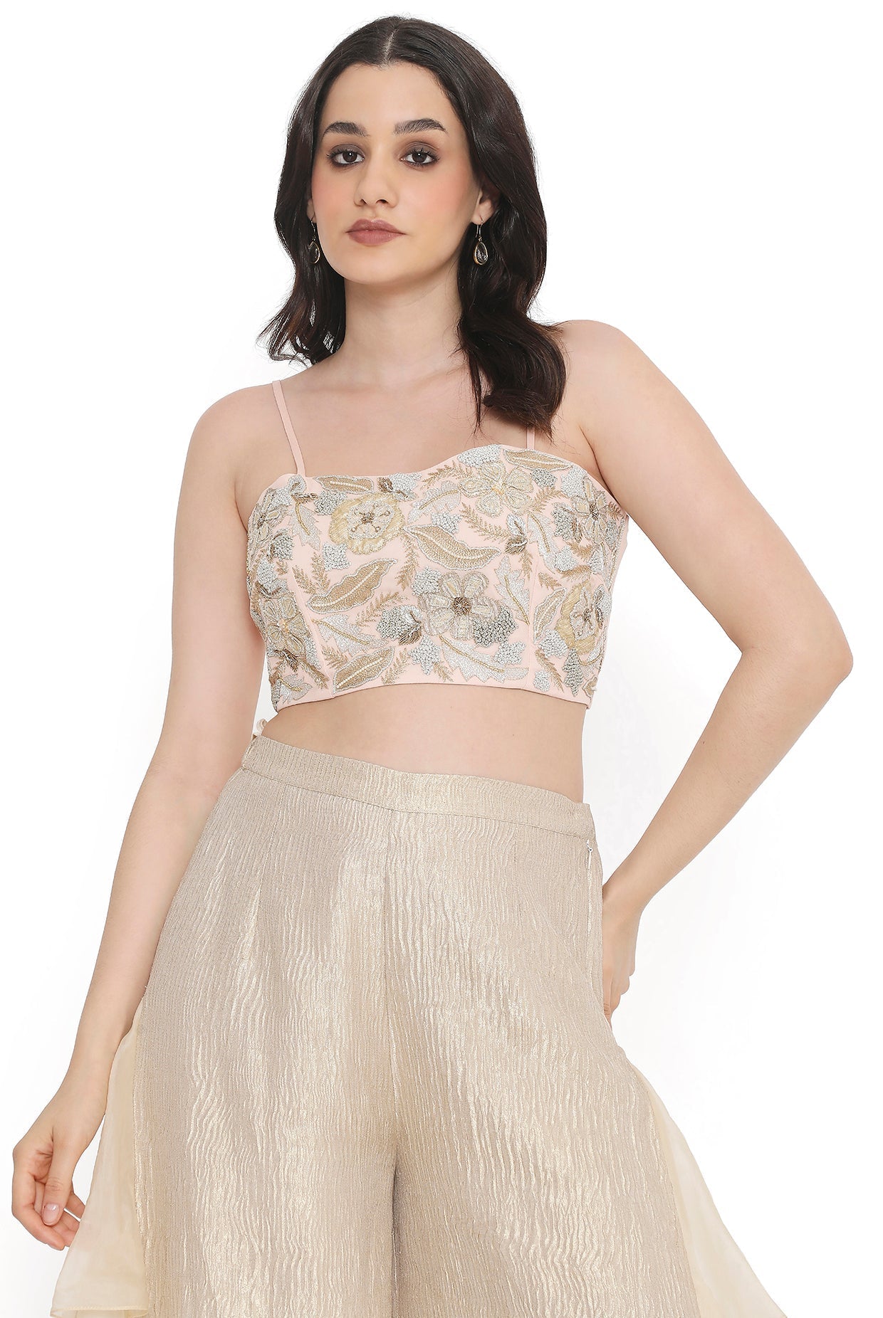 Rose Pink Embroidered Jacket With Embroidered Bustier And Side Ruffled Pant