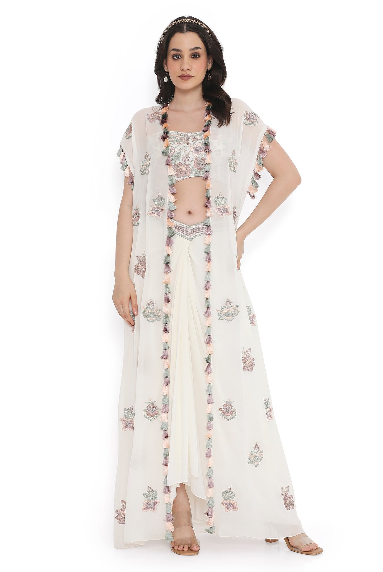 Ivory Embroidered Georgette Bustier With Jacket And Dhoti Skirt