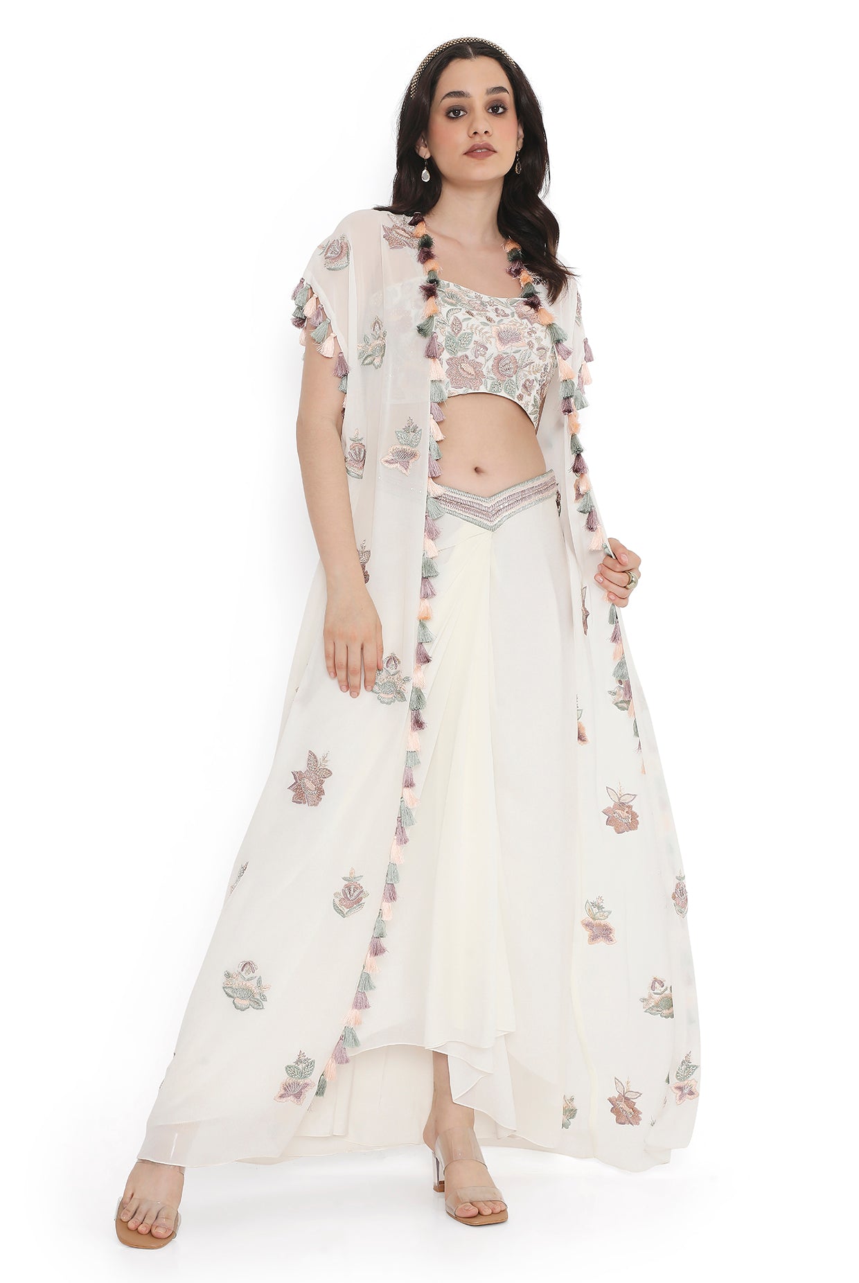 Ivory Embroidered Georgette Bustier With Jacket And Dhoti Skirt