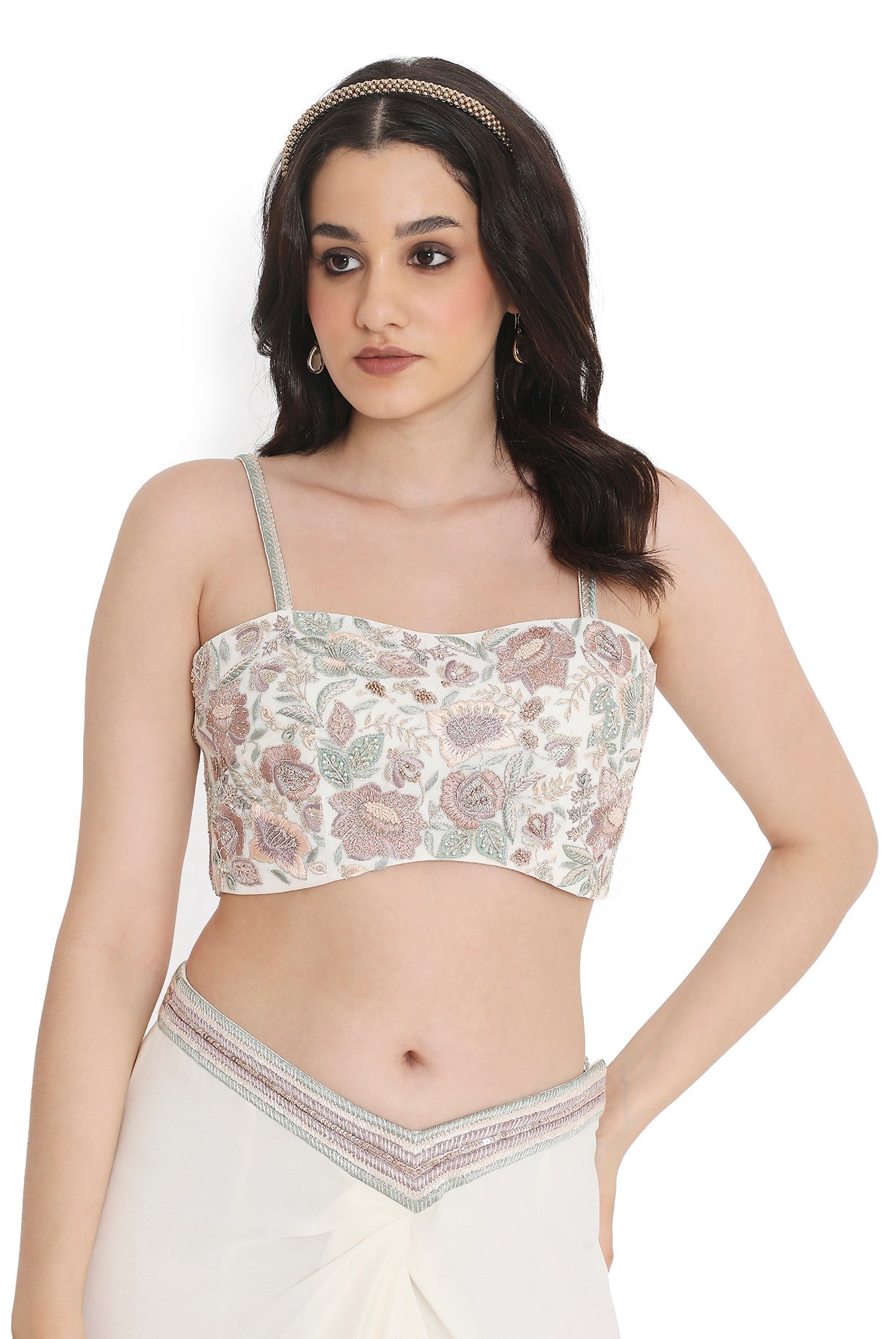Ivory Embroidered Georgette Bustier With Jacket And Dhoti Skirt