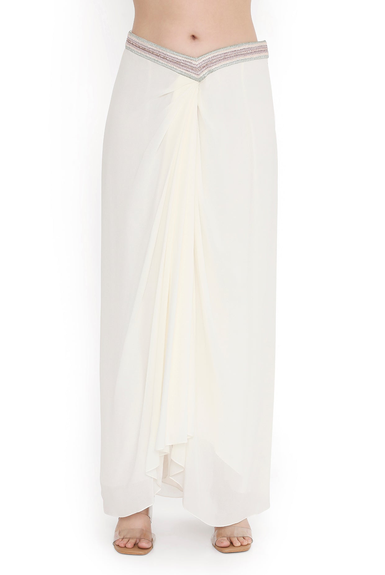 Ivory Embroidered Georgette Bustier With Jacket And Dhoti Skirt