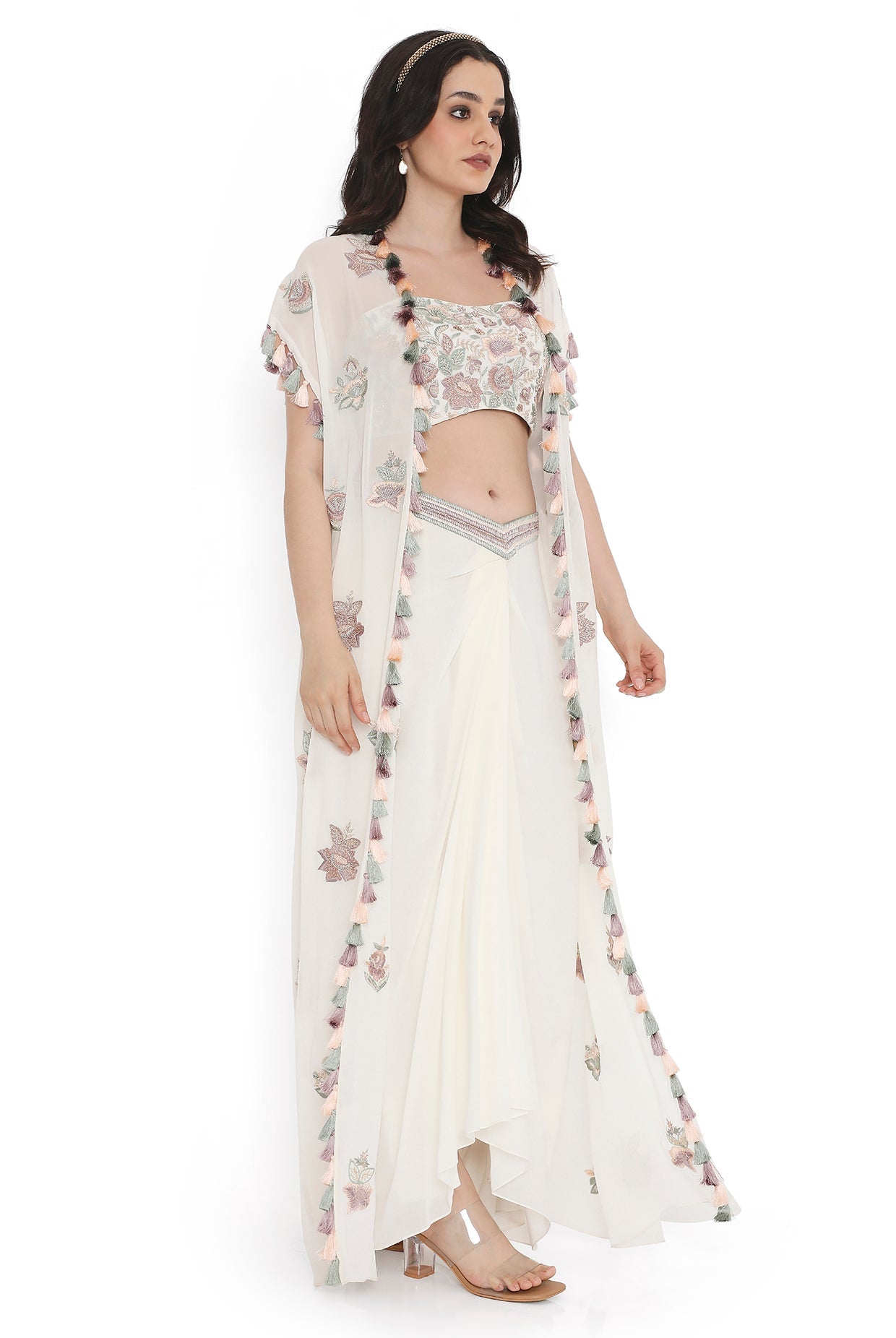Ivory Embroidered Georgette Bustier With Jacket And Dhoti Skirt
