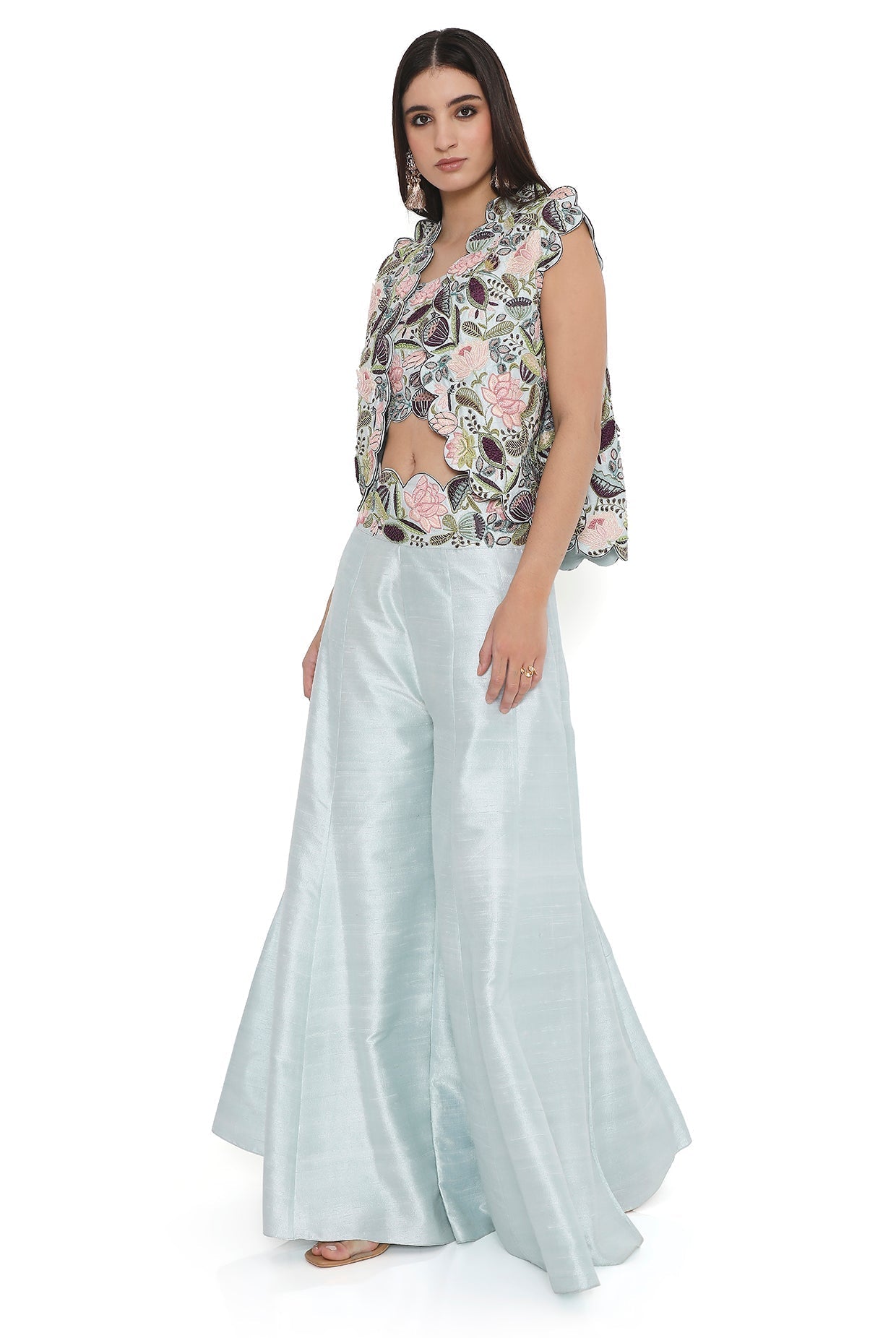 Powder Blue Embroidered Choli And Embroidered Scalloped Jacket With Embroidered Sharara