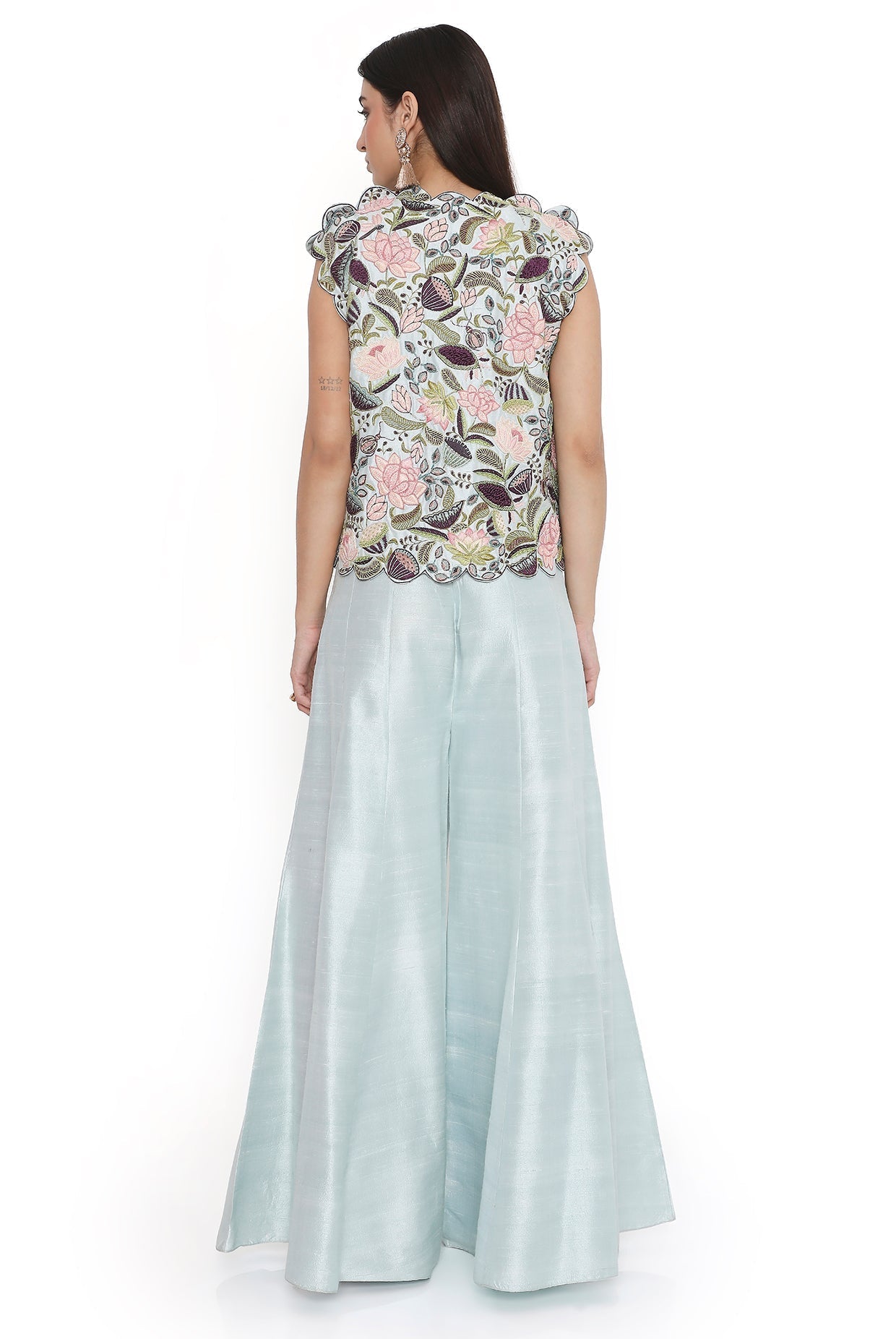 Powder Blue Embroidered Choli And Embroidered Scalloped Jacket With Embroidered Sharara