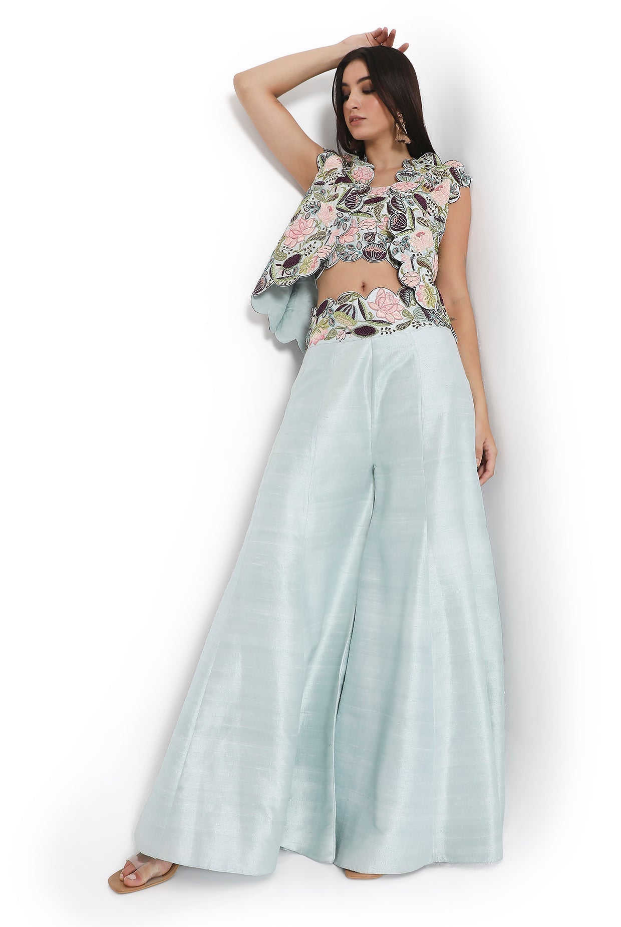 Powder Blue Embroidered Choli And Embroidered Scalloped Jacket With Embroidered Sharara