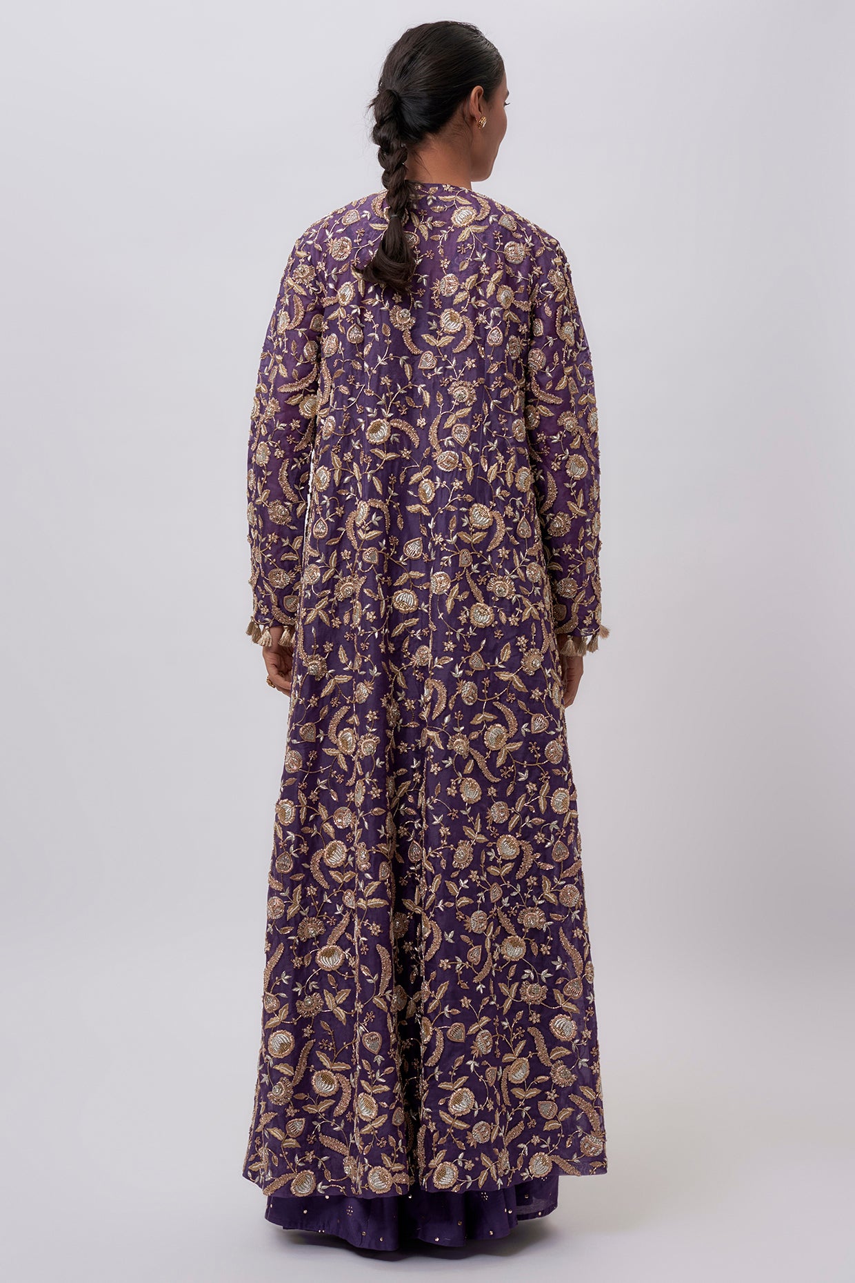 Purple Georgette Embroidered Choli And Mukaish Silkmul Sharara With Organza Embroidered Jacket With Tassels.