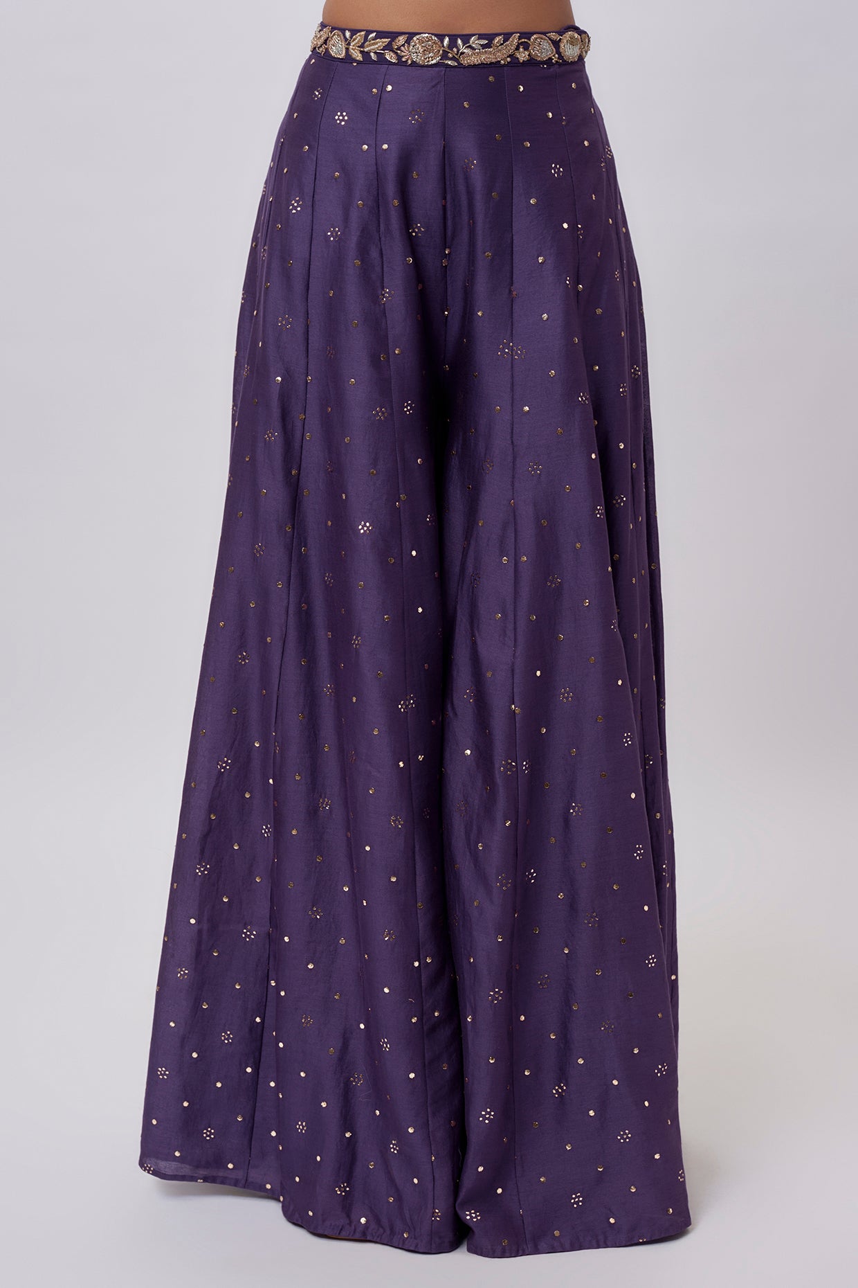 Purple Georgette Embroidered Choli And Mukaish Silkmul Sharara With Organza Embroidered Jacket With Tassels.