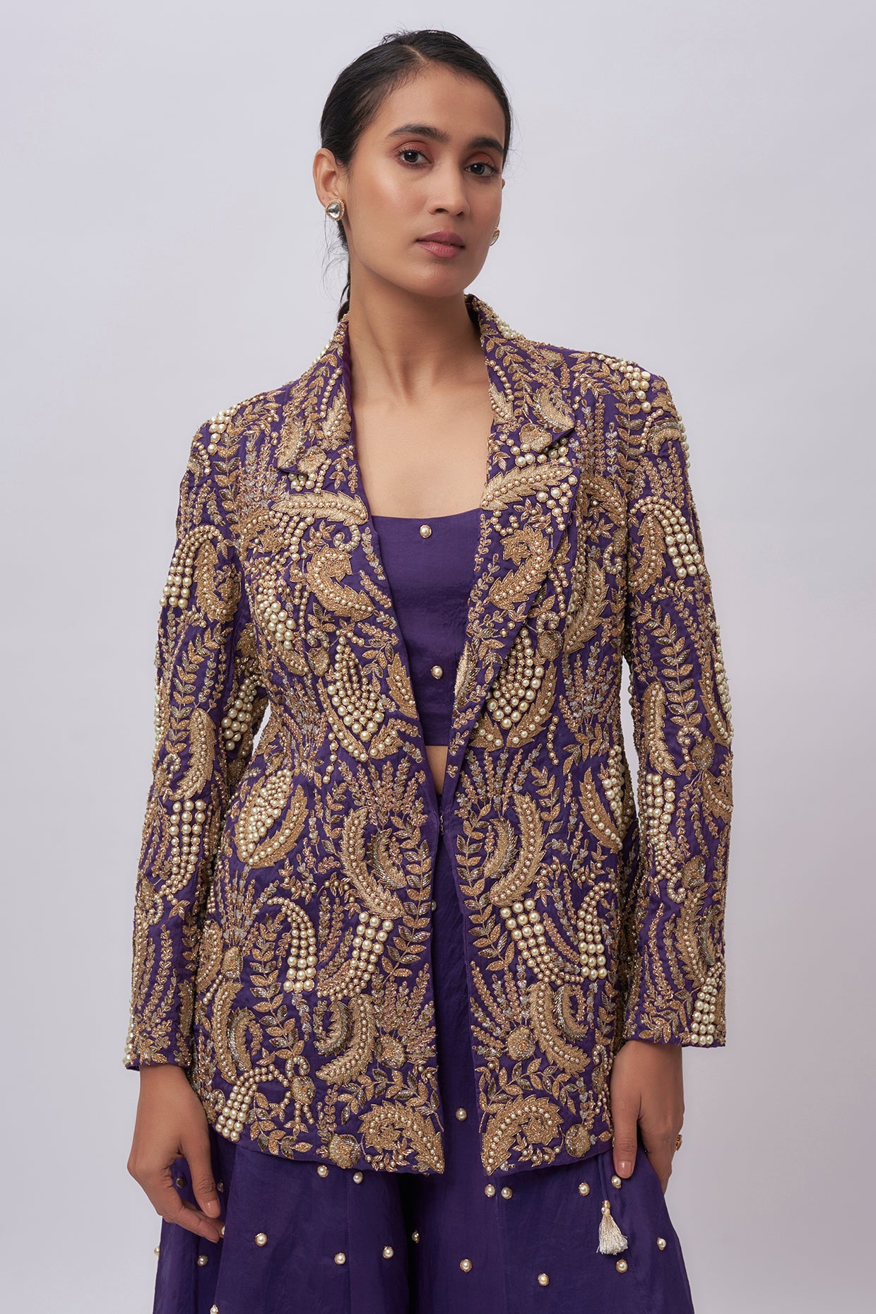 Purple Organza Embroidered Blazer With Embroidered Bustier And Sharara.