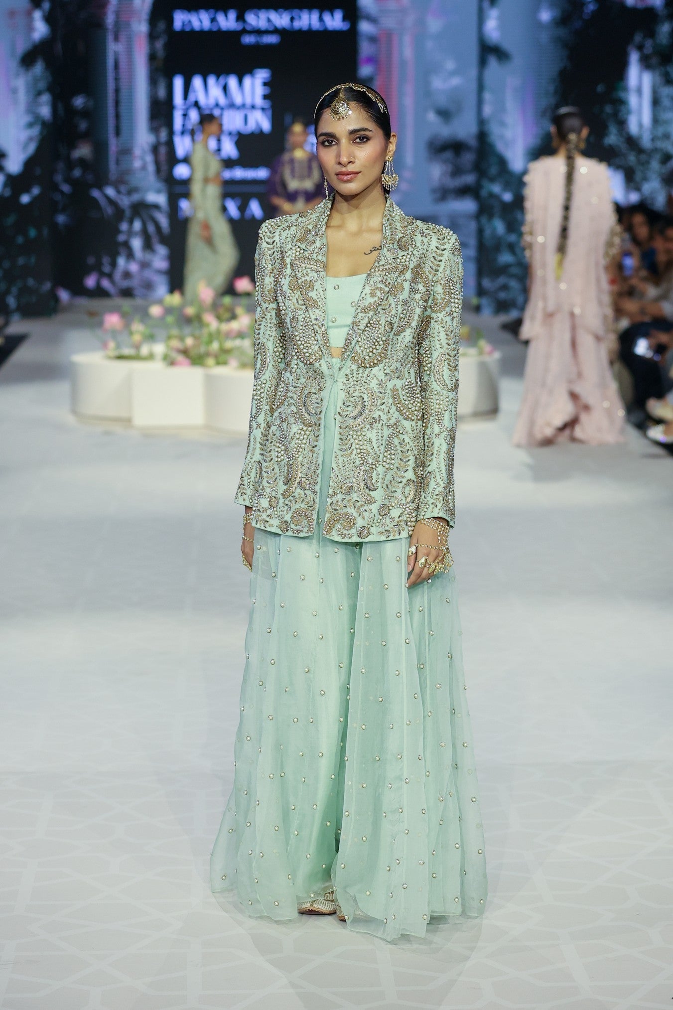 Shazia Mint Embroidered Blazer And Bustier With Sharara