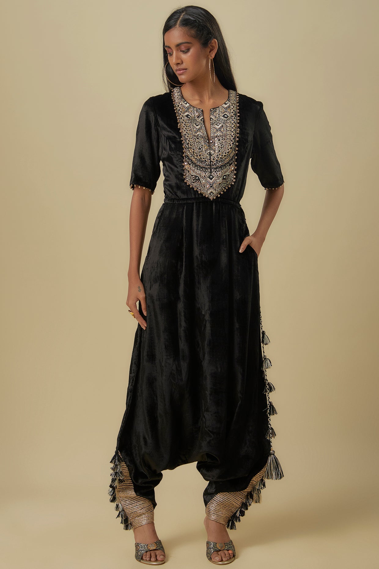 Black Velvet Embroidered Yoke Low Crotch Jumpsuit.