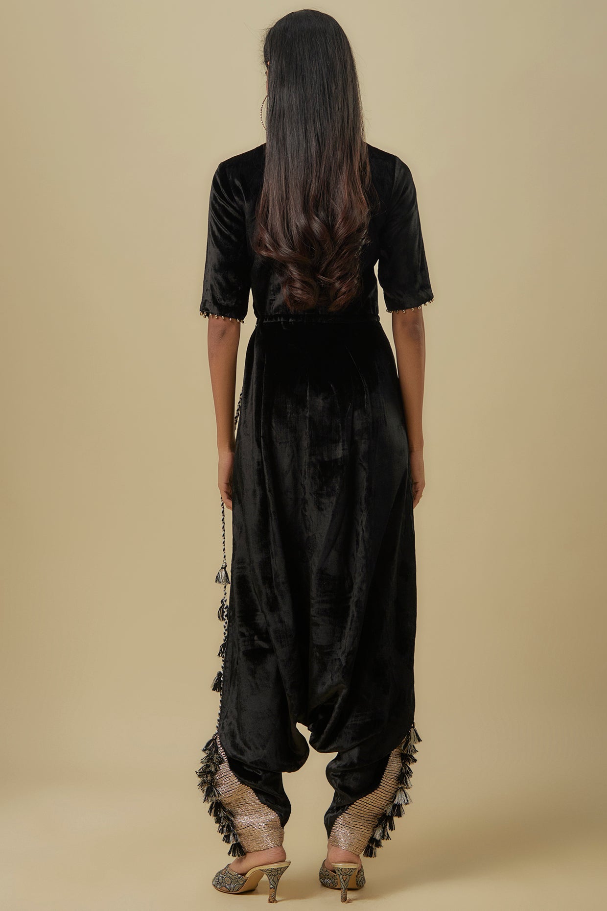 Black Velvet Embroidered Yoke Low Crotch Jumpsuit.
