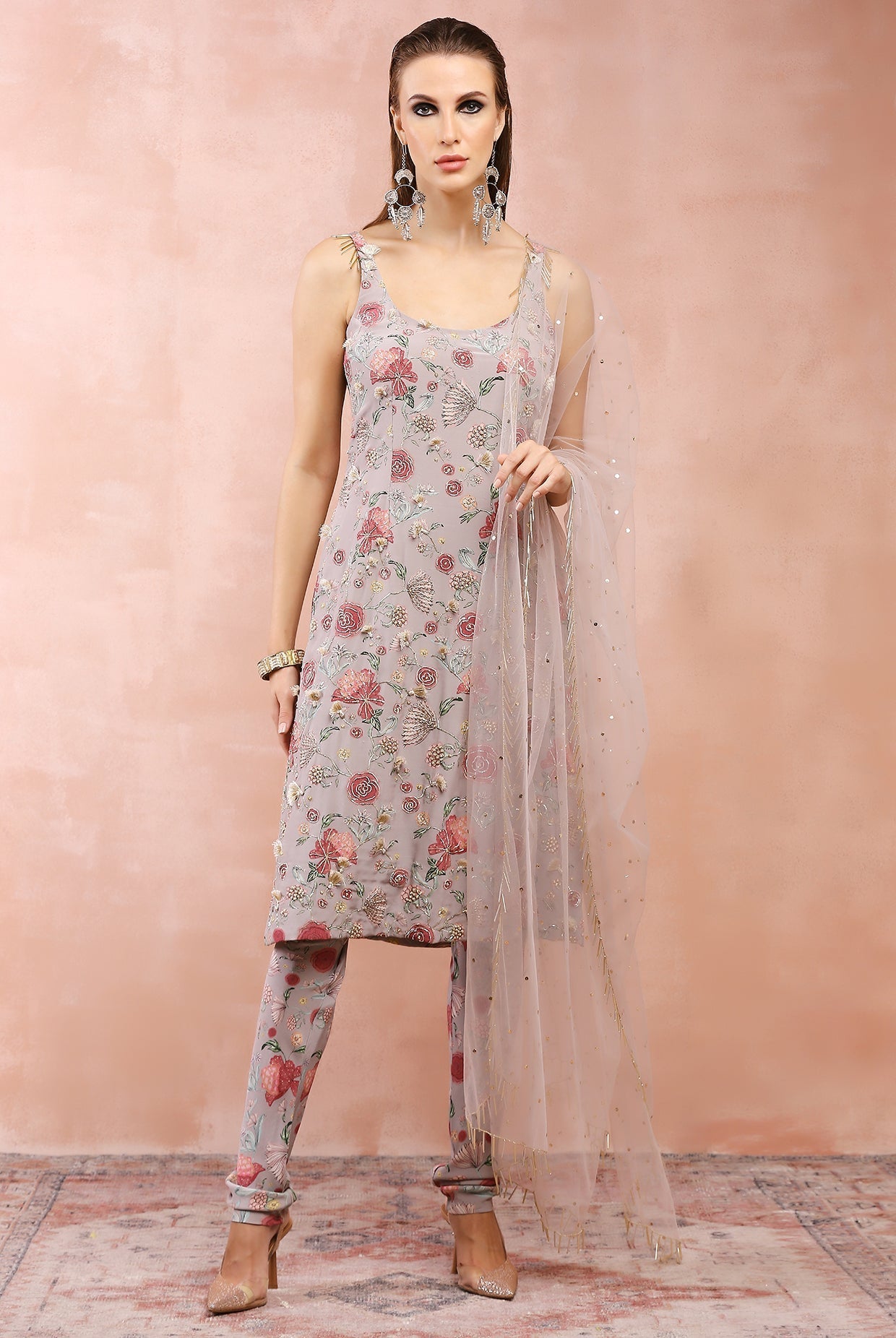 Grey gulbagh print embroidered kurta and churidar with dupatta