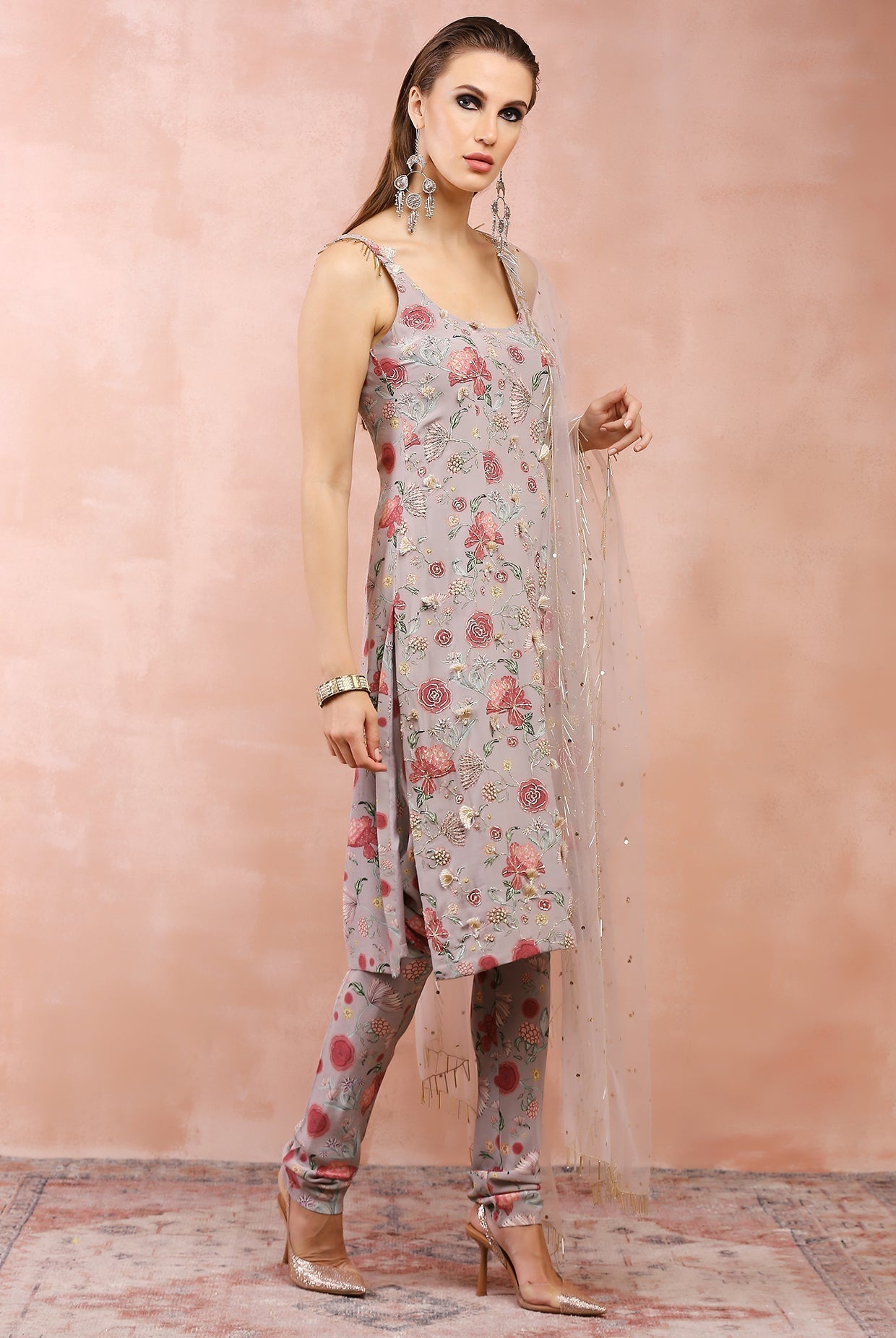 Grey gulbagh print embroidered kurta and churidar with dupatta