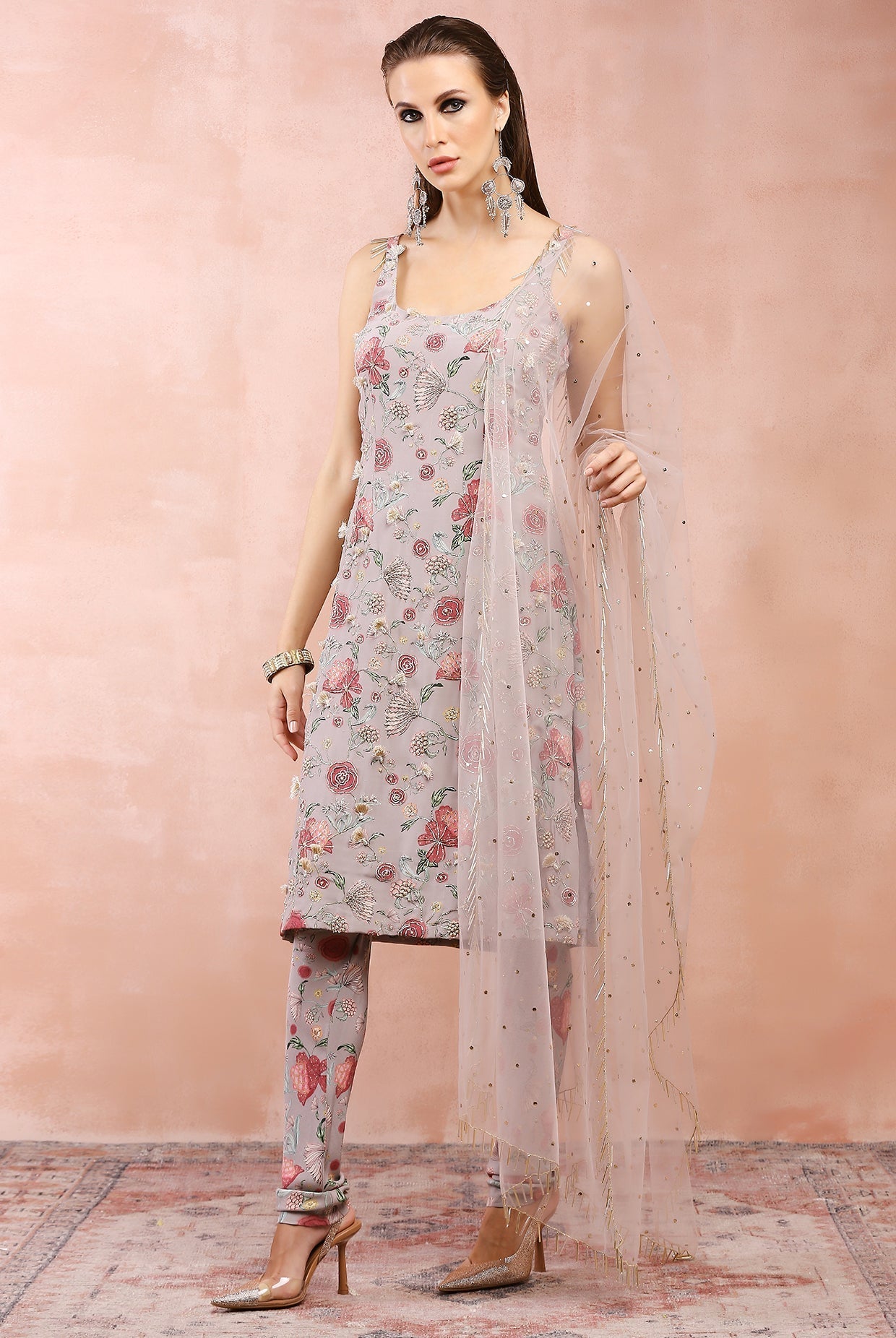 Grey gulbagh print embroidered kurta and churidar with dupatta