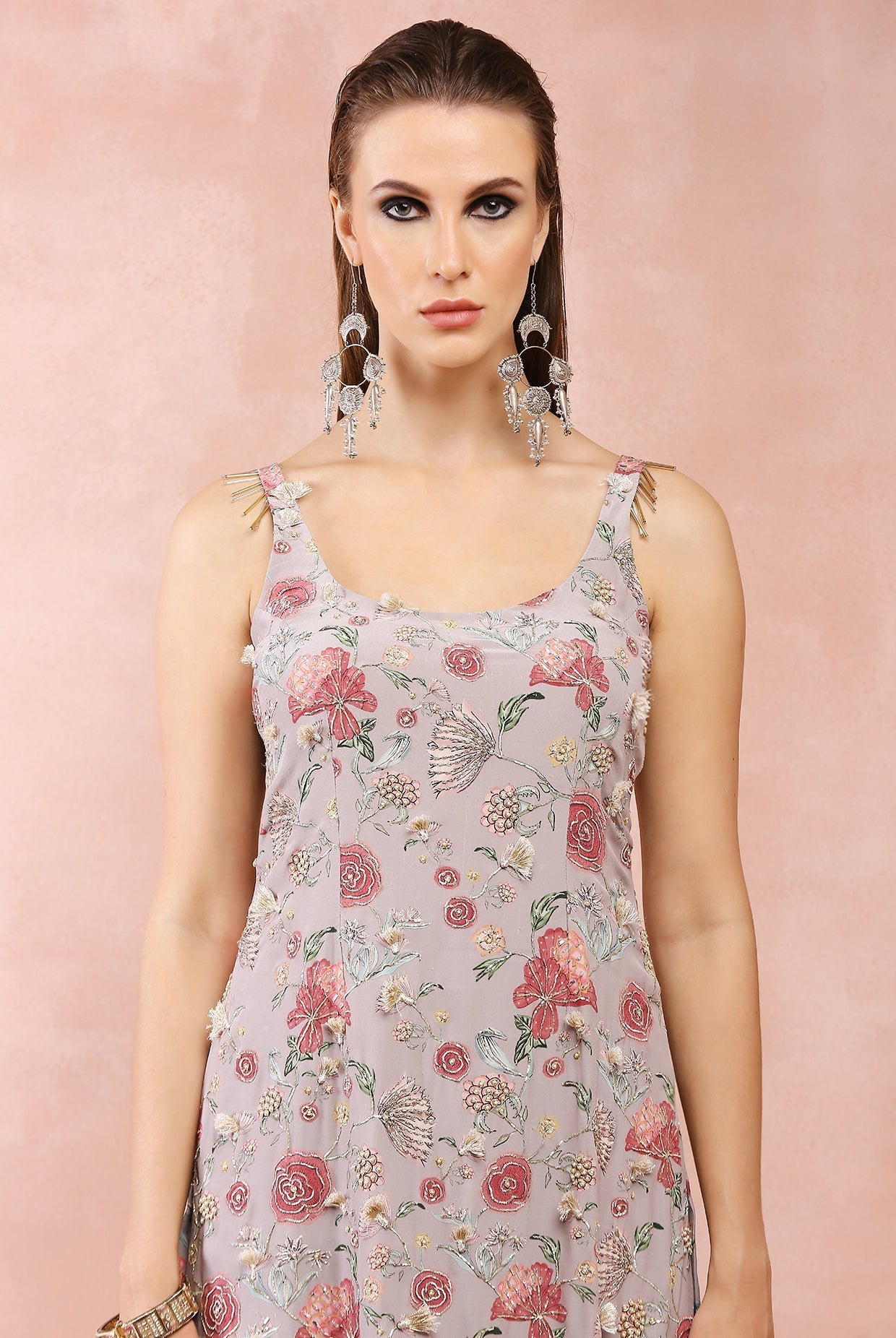 Grey gulbagh print embroidered kurta and churidar with dupatta