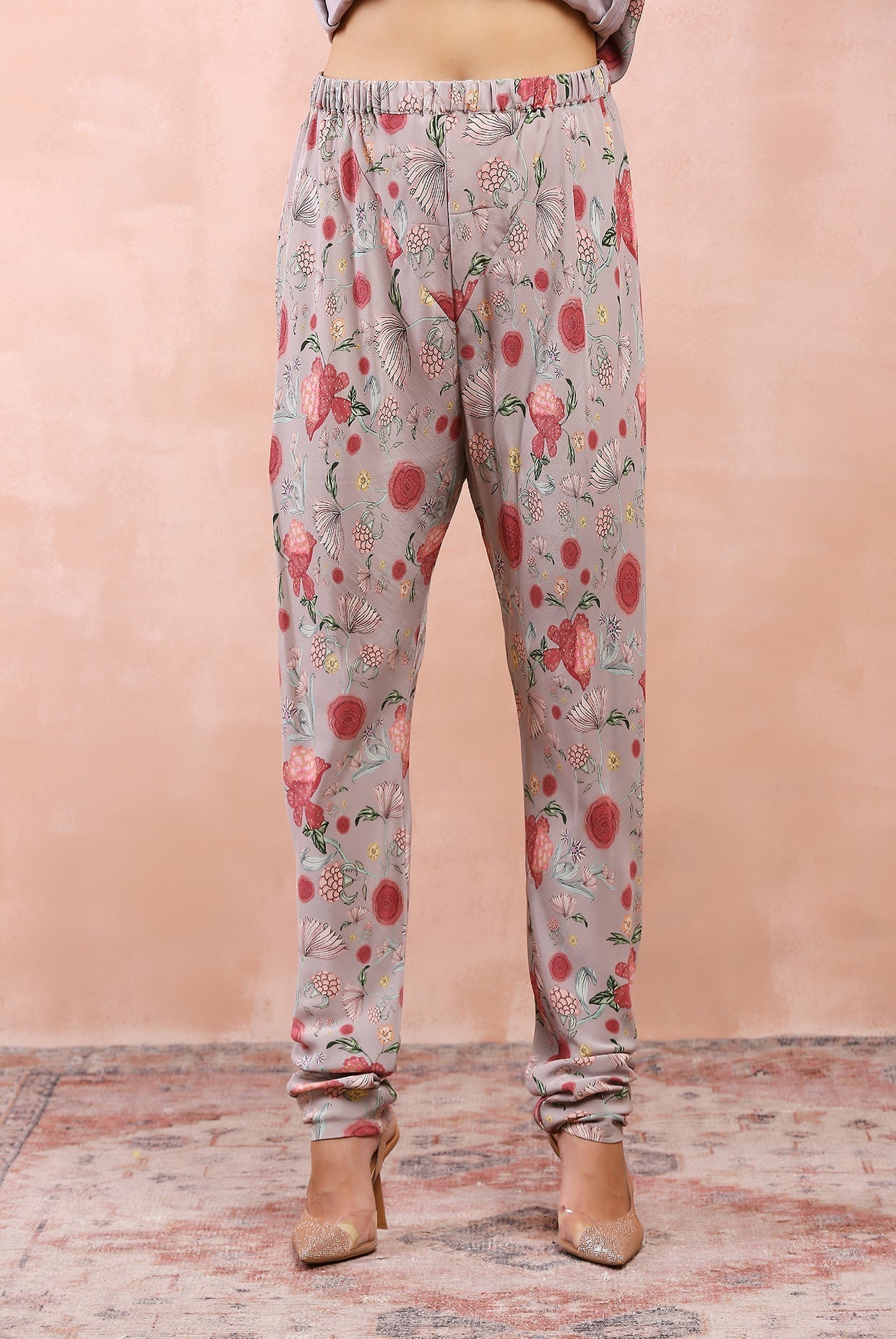 Grey gulbagh print embroidered kurta and churidar with dupatta