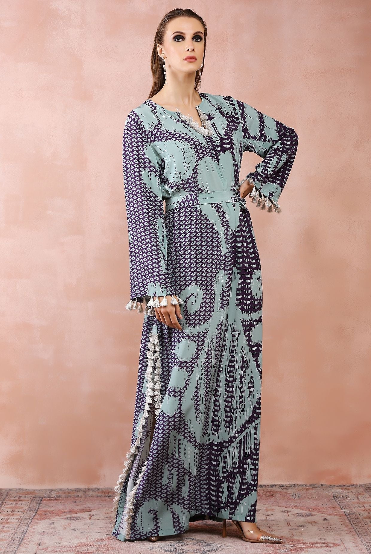 Aqua & purple uzbek print kaftan with belt