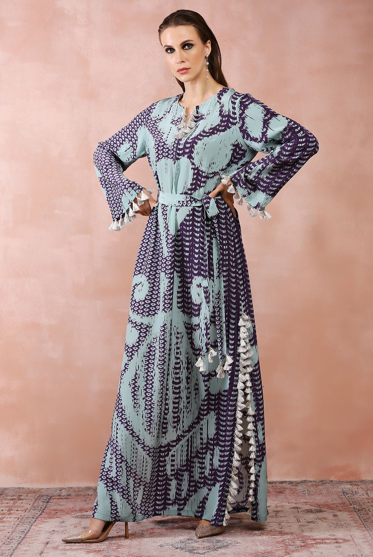 Aqua & purple uzbek print kaftan with belt