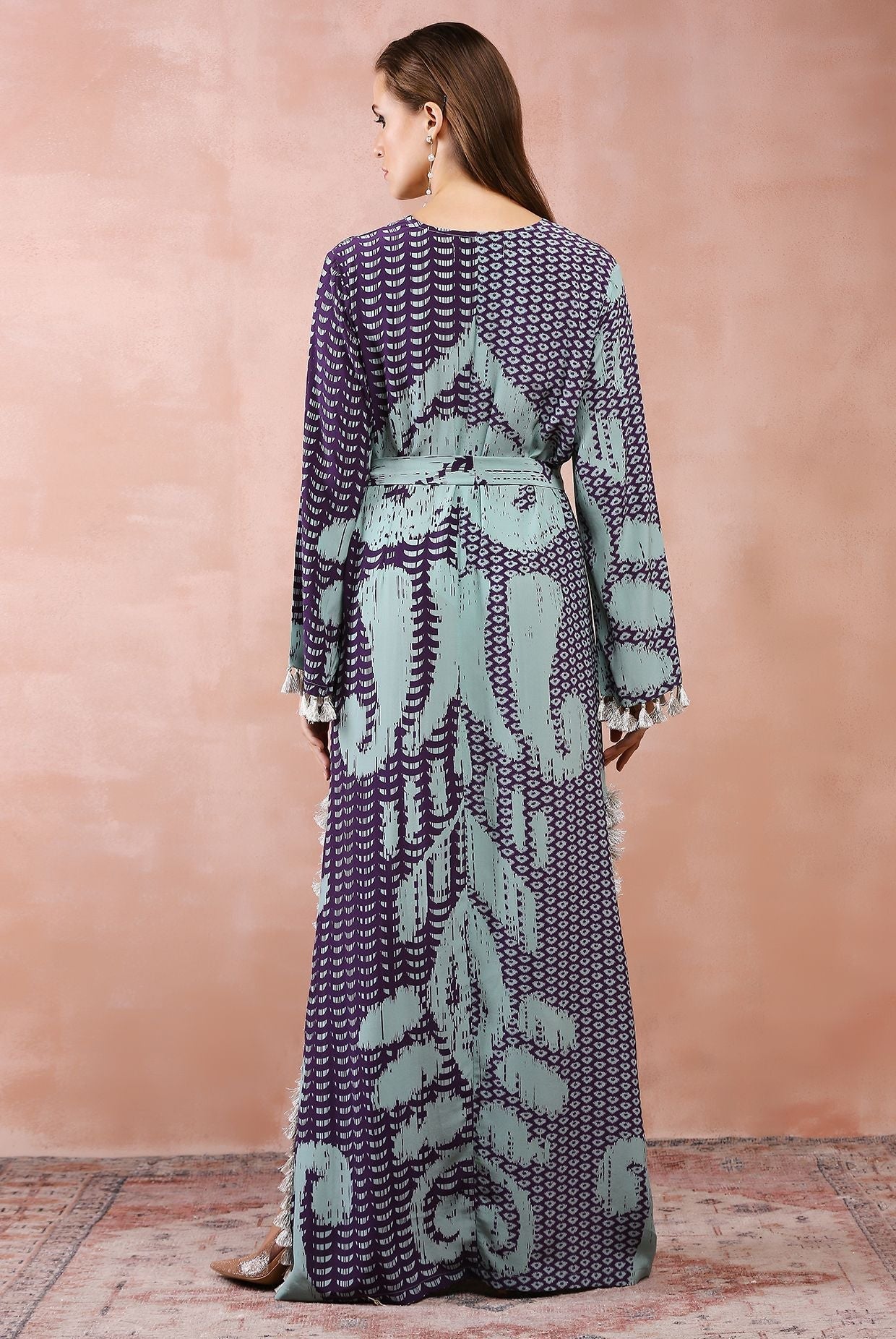 Aqua & purple uzbek print kaftan with belt