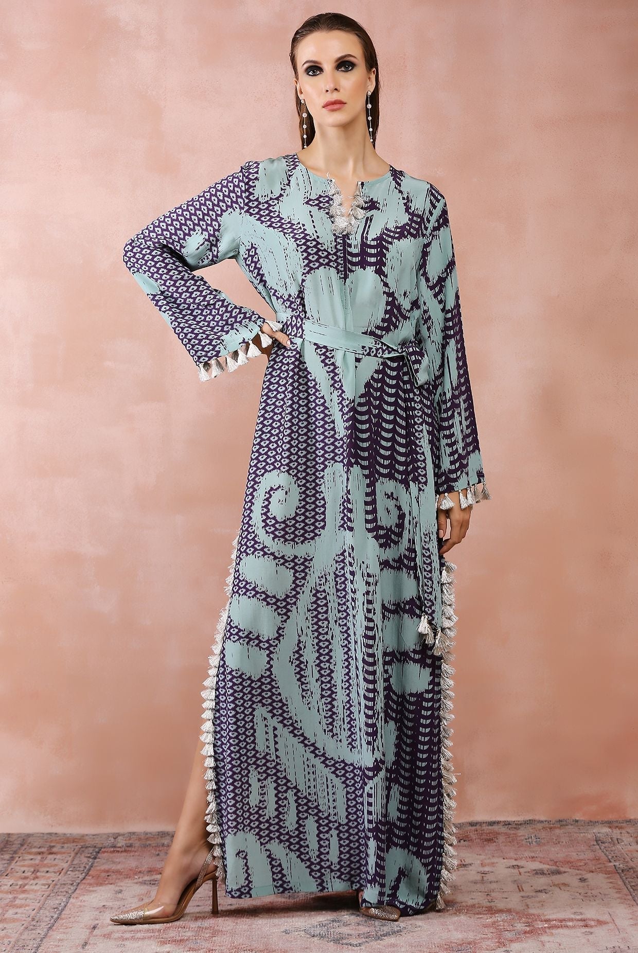 Aqua & purple uzbek print kaftan with belt