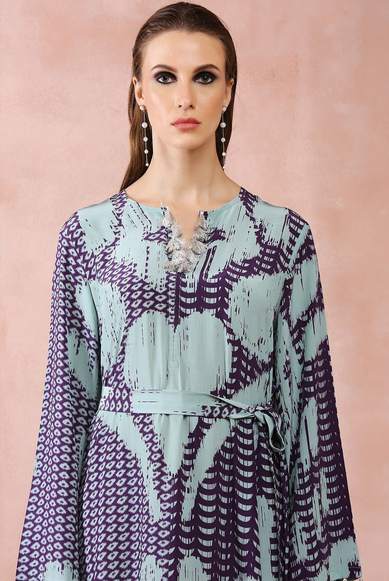 Aqua & purple uzbek print kaftan with belt