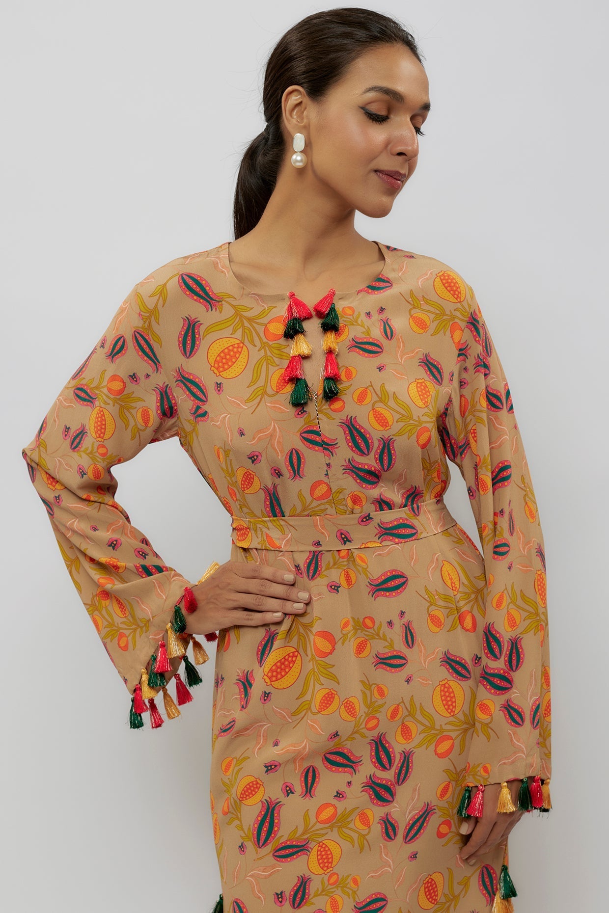 Brown Printed Crepe Long Beyza Kaftan