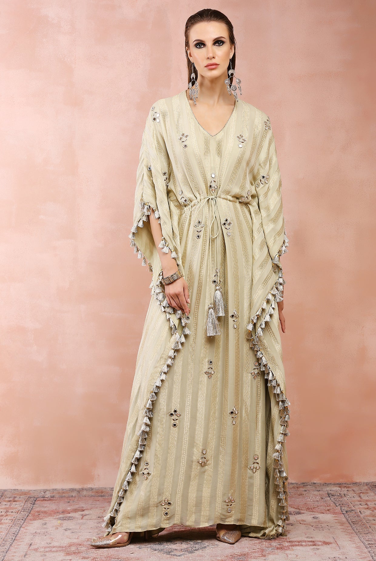 Mint gold stripe embroidered kaftan