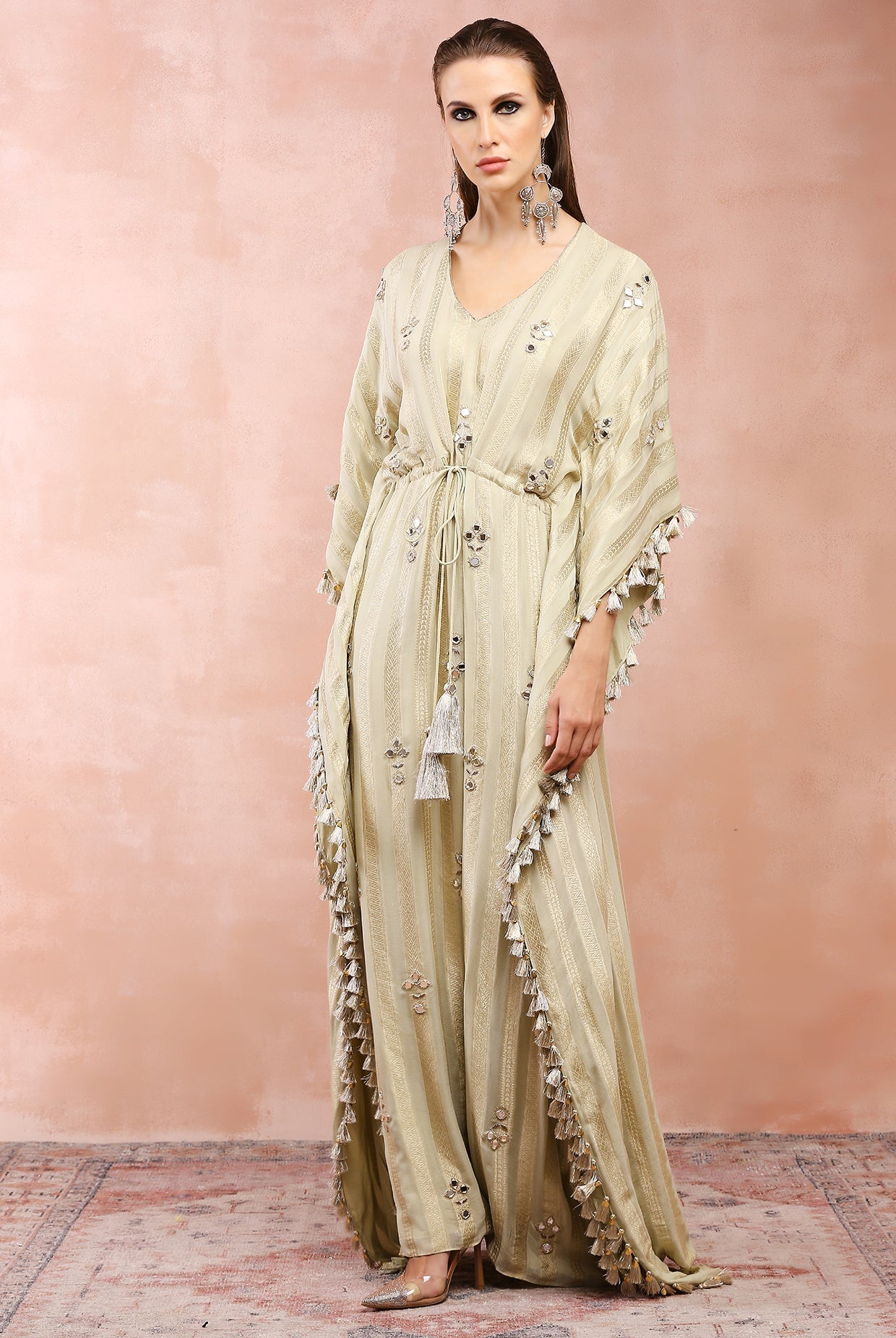 Mint gold stripe embroidered kaftan