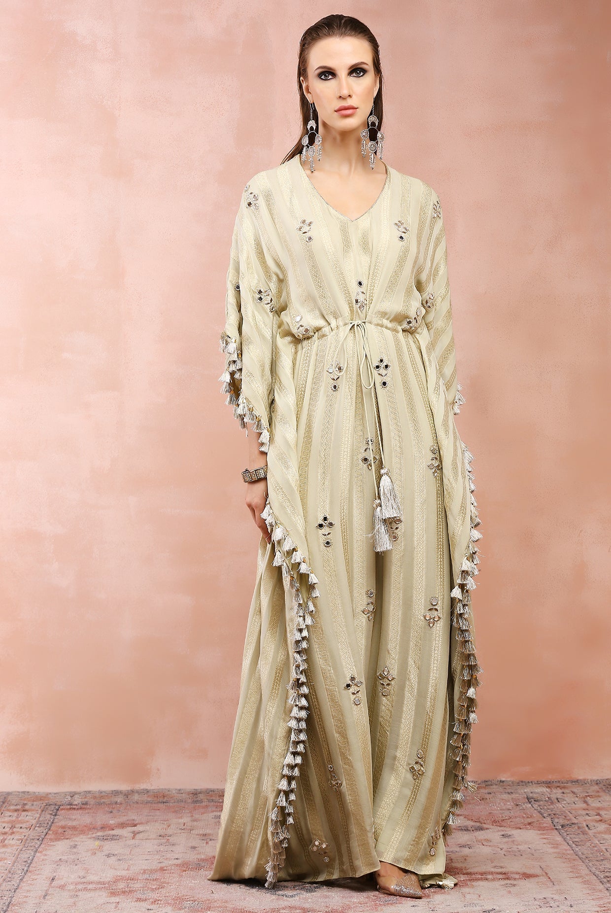 Mint gold stripe embroidered kaftan