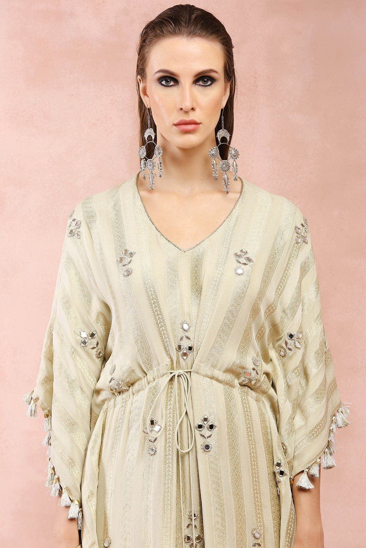 Mint gold stripe embroidered kaftan
