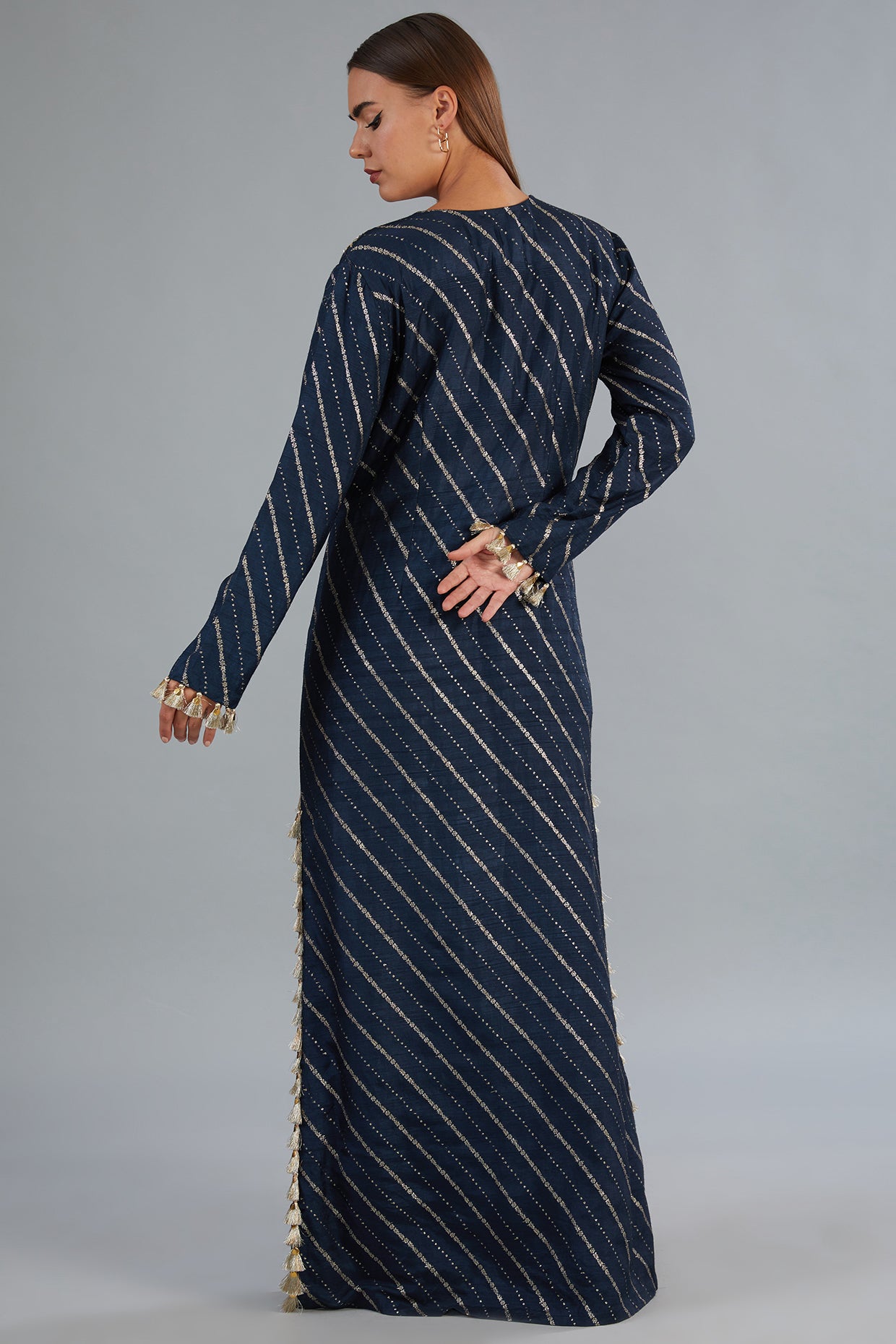 Navy Blue Dola Silk Embroidered Long Beyza Kaftan