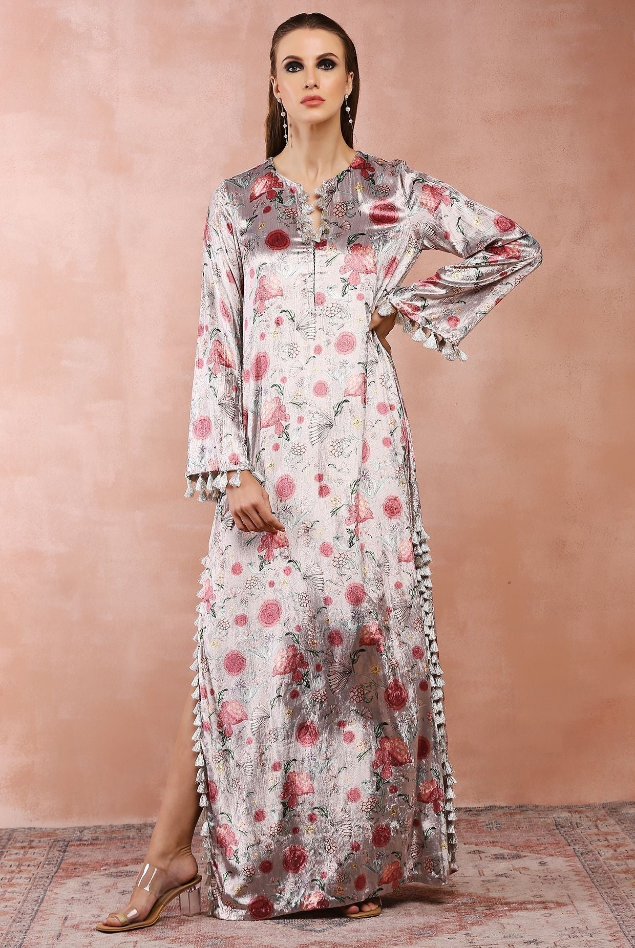 Grey gulbagh print kaftan with belt