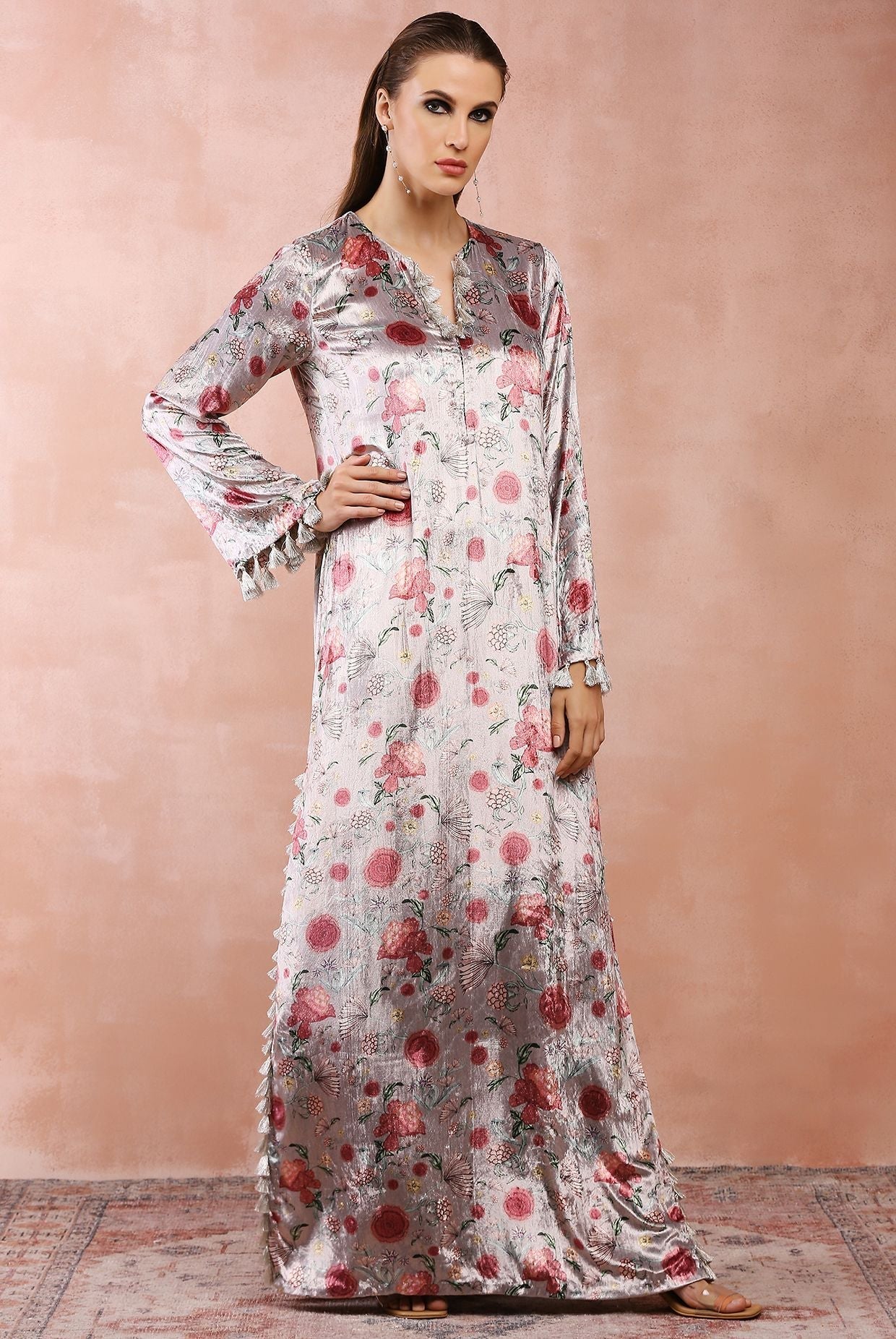 Grey gulbagh print kaftan with belt
