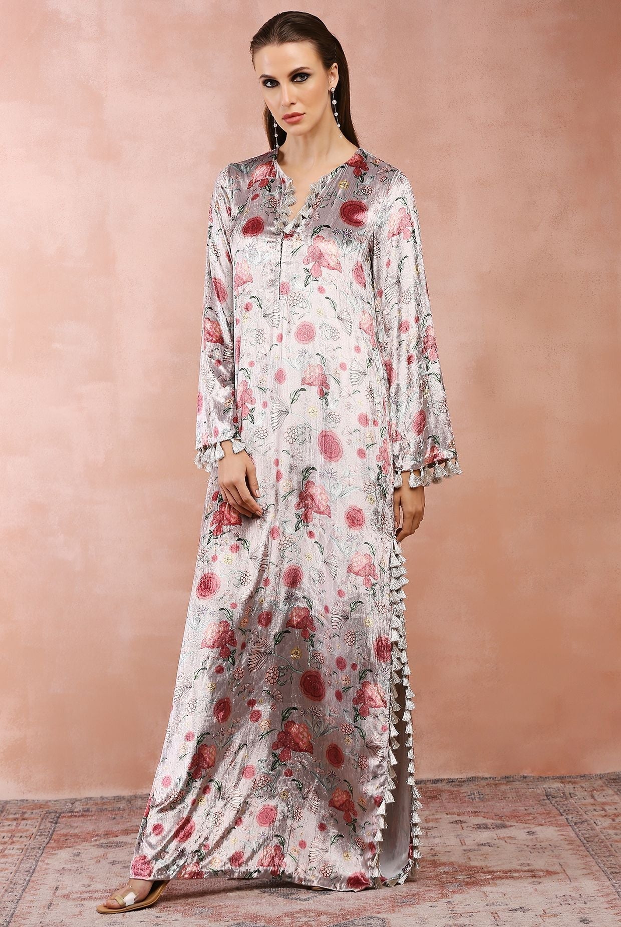 Grey gulbagh print kaftan with belt