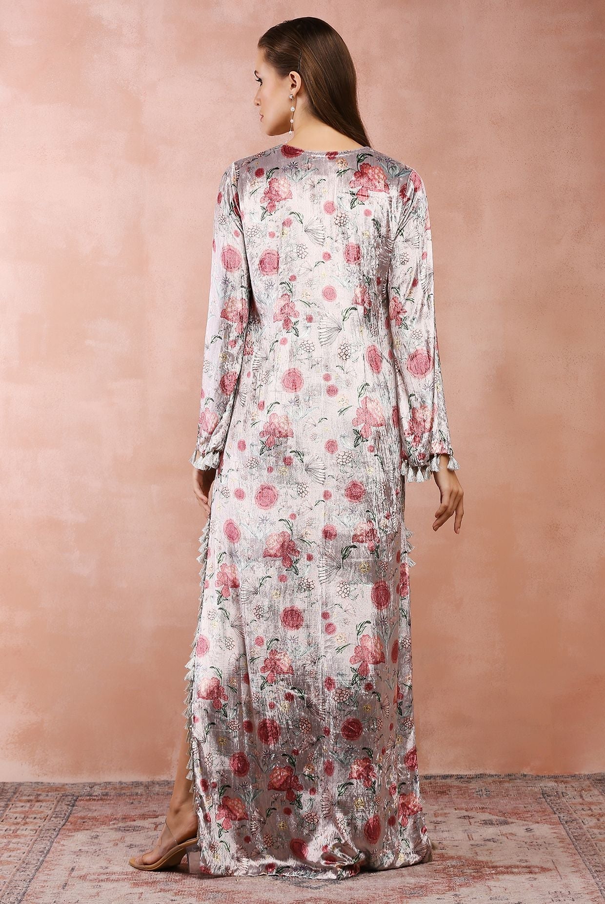 Grey gulbagh print kaftan with belt