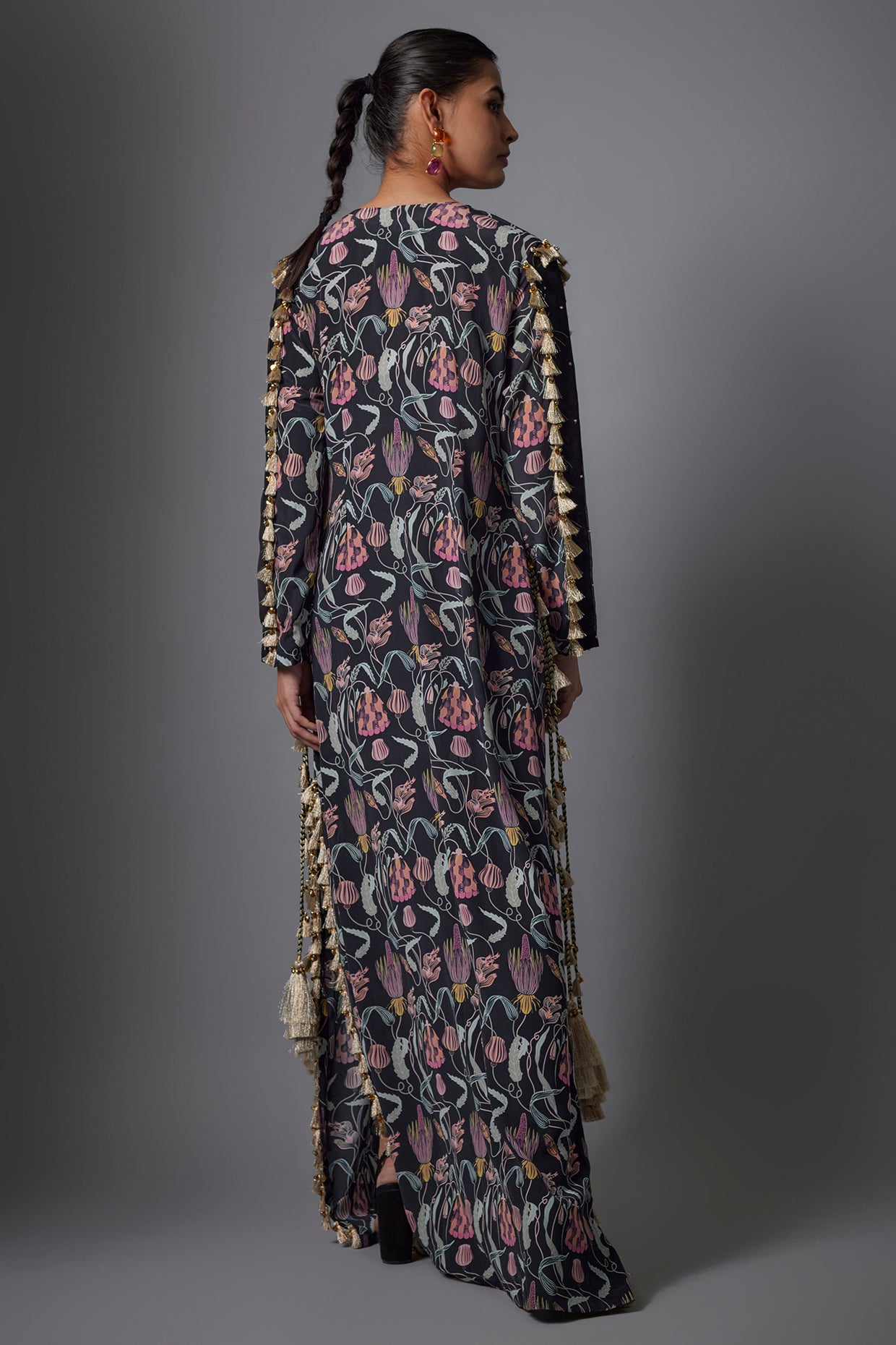 Black Island Escape Print Crepe Embroidered Yoke Beyza Kaftan.